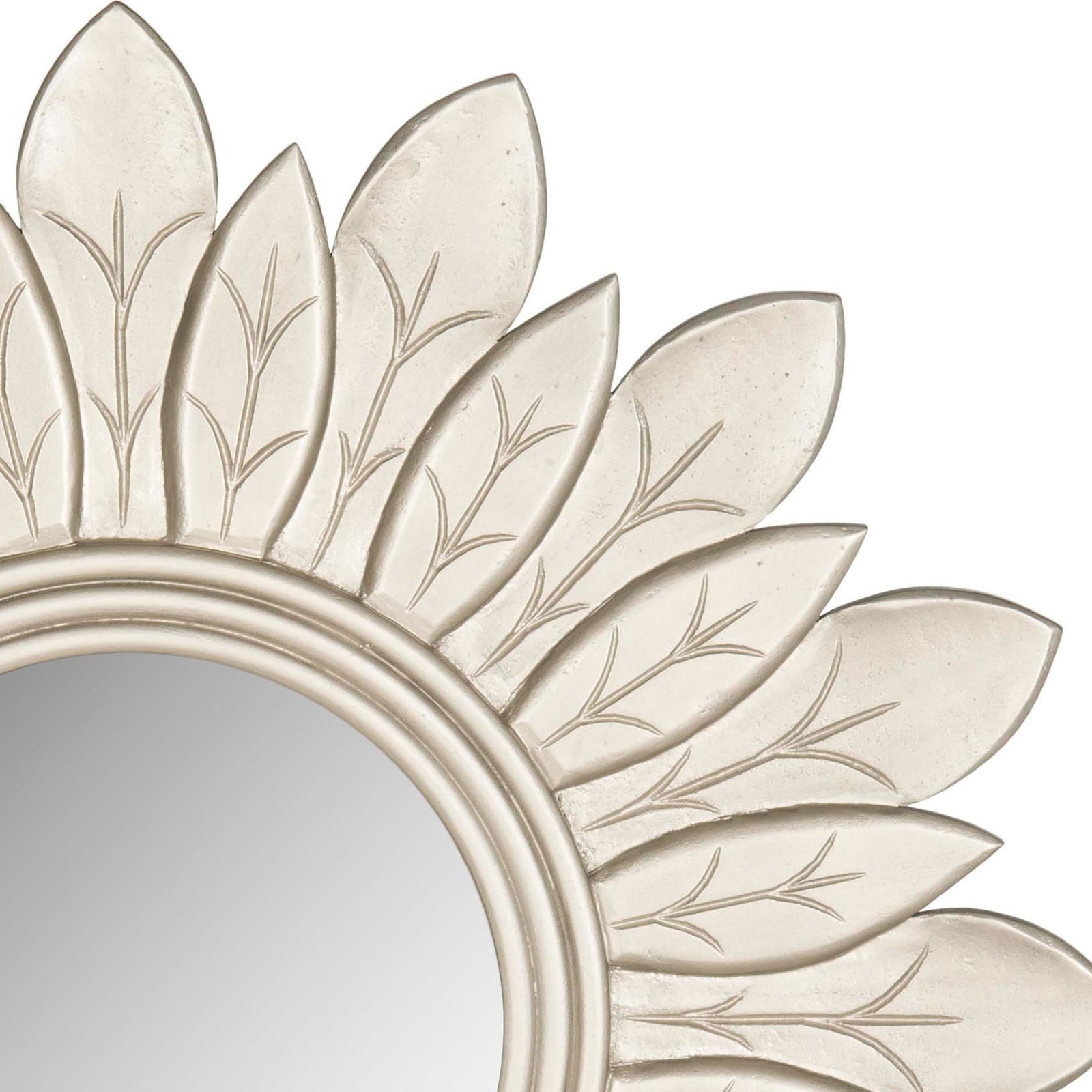 Carved leaf motifs and a lustrous pewter finish add texture to the mirror frame || MIR5003B || detail_studio