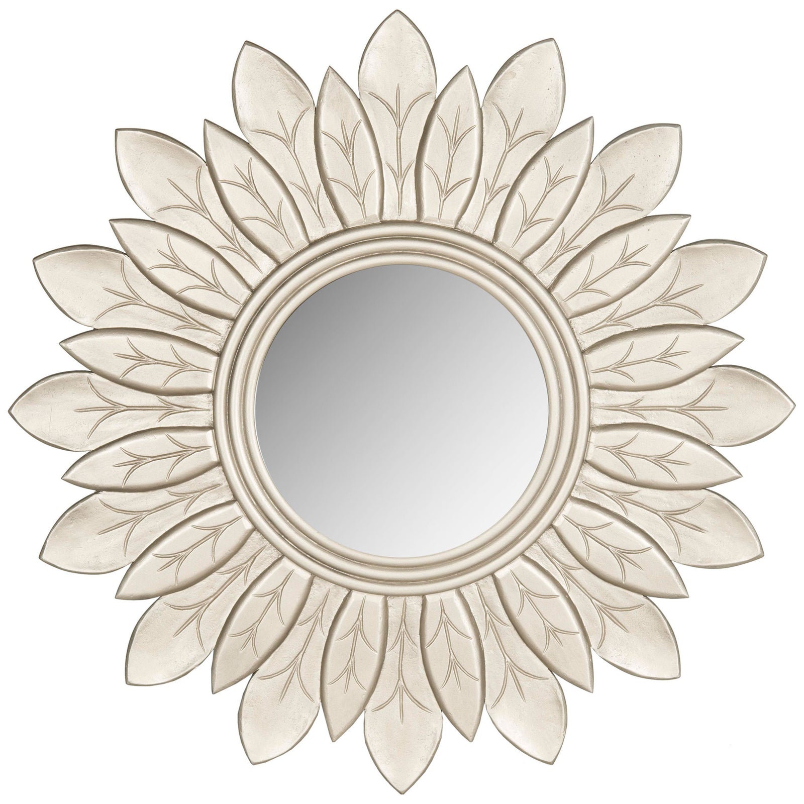 Pewter sunburst mirror with layered leaf-shaped rays around a round glass center || MIR5003B || front_studio
