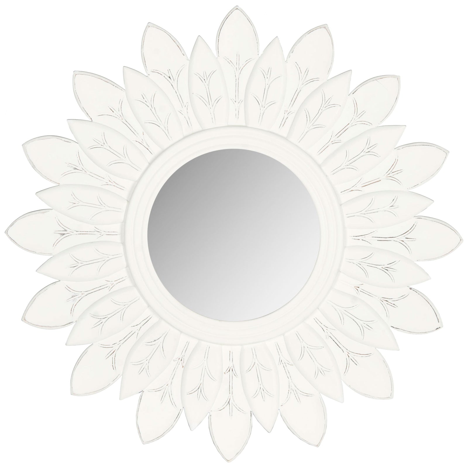 Antique white sunburst mirror with layered, carved leaf-shaped rays around a round glass center || MIR5003D || front_studio