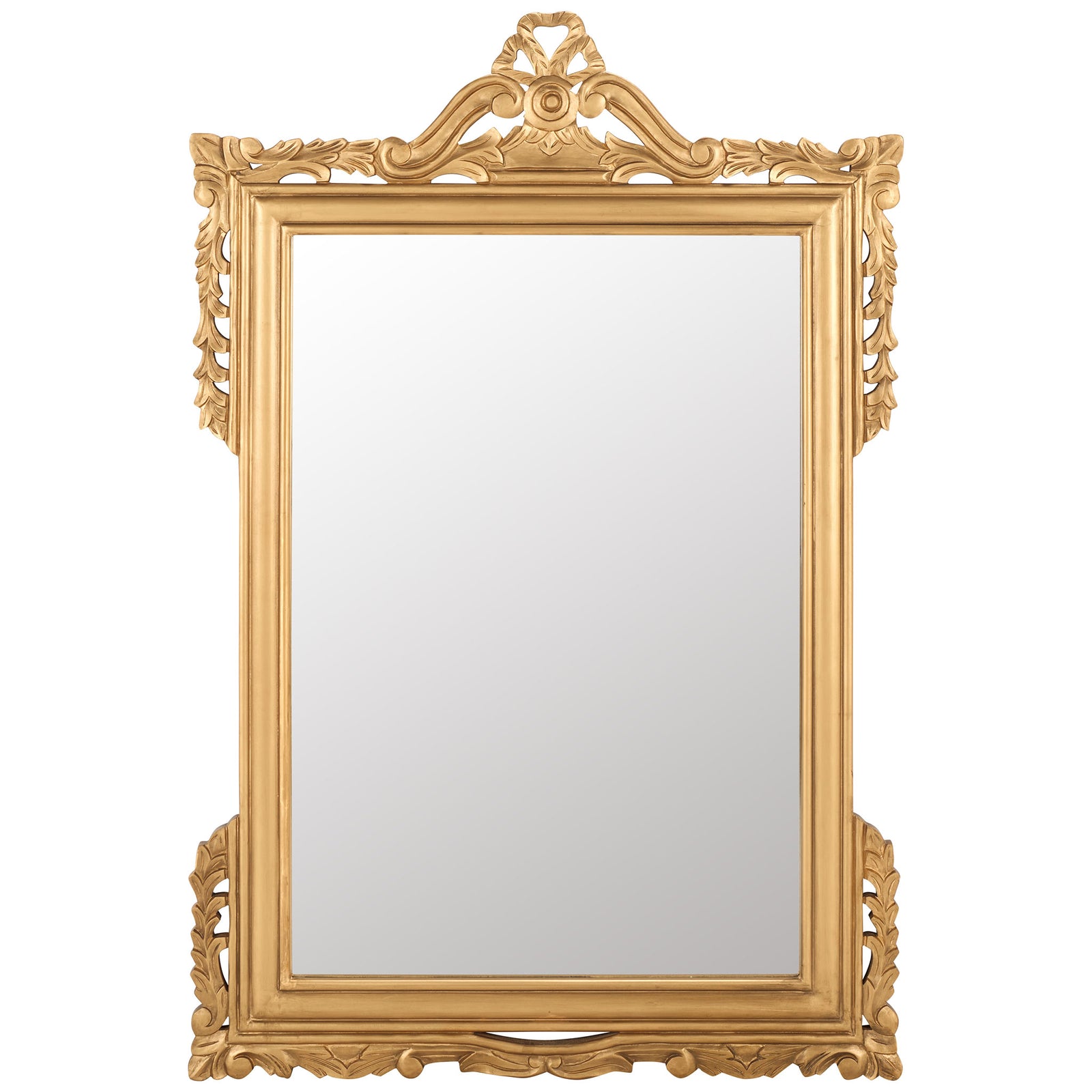 A warm gold frame surrounds the tall mirror with a sculpted crest and leafy edges || MIR5004C || front_studio