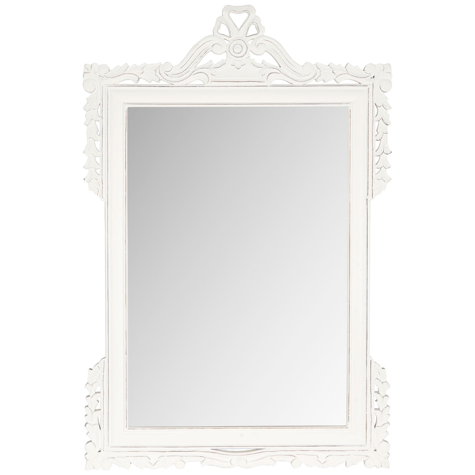 An antique white frame with leafy flourishes surrounds a tall rectangular mirror || MIR5004D || front_studio