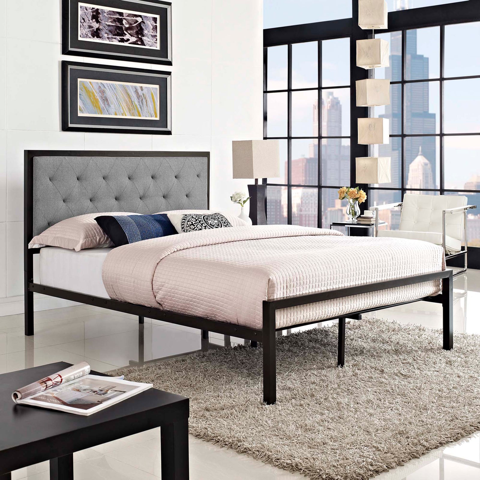 Miles Fabric Platform Bed Brown Gray