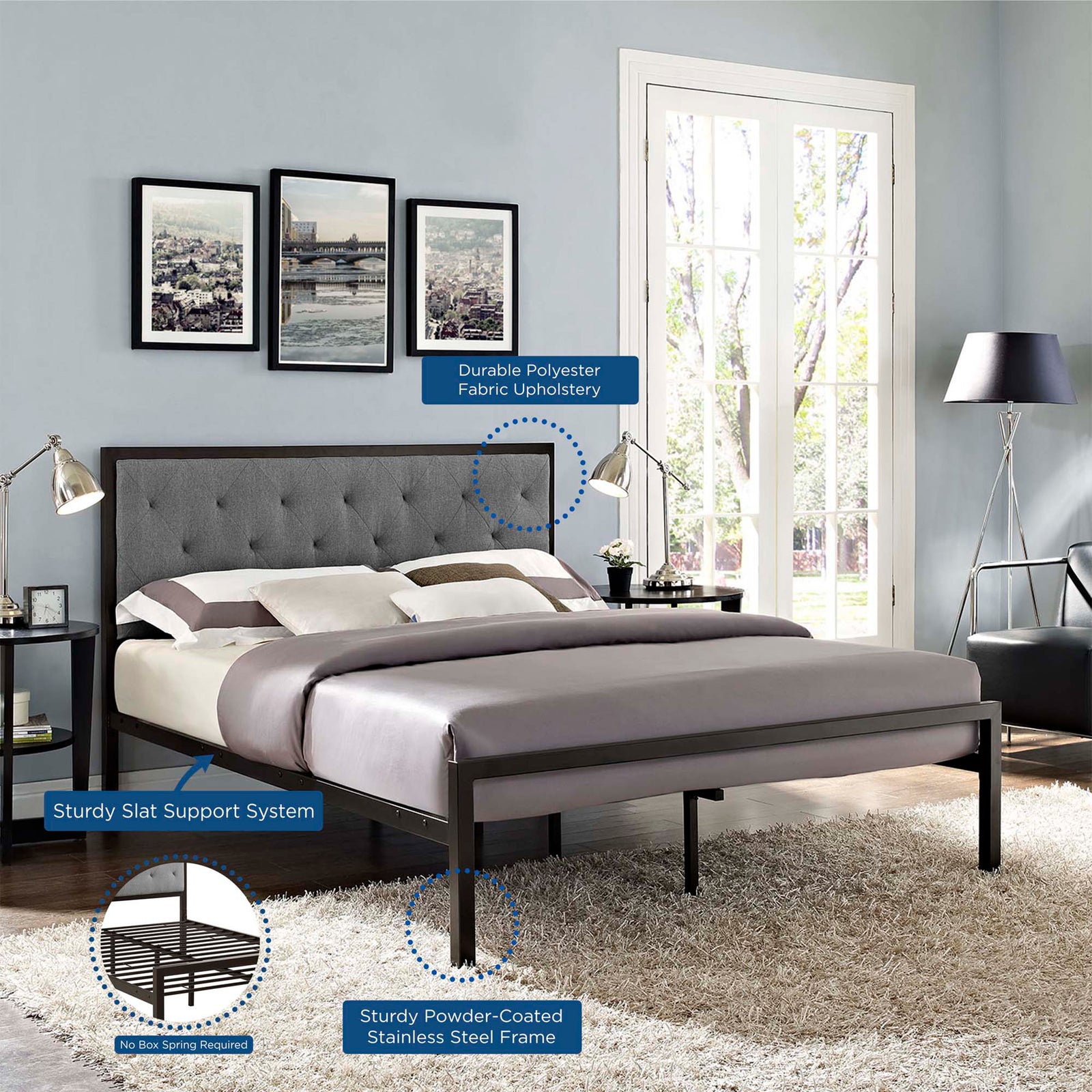 Miles Fabric Platform Bed Brown Gray