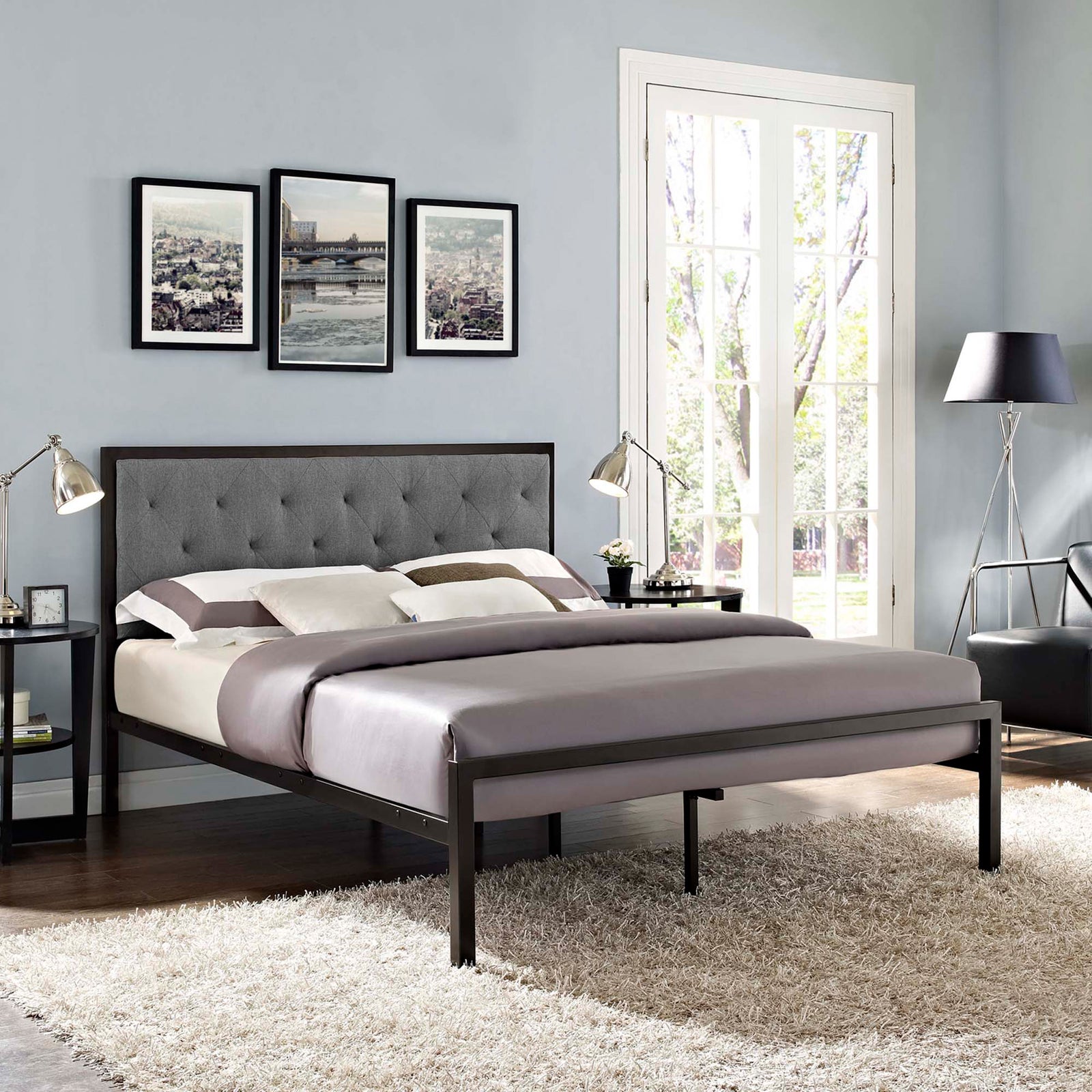 Miles Fabric Platform Bed Brown Gray