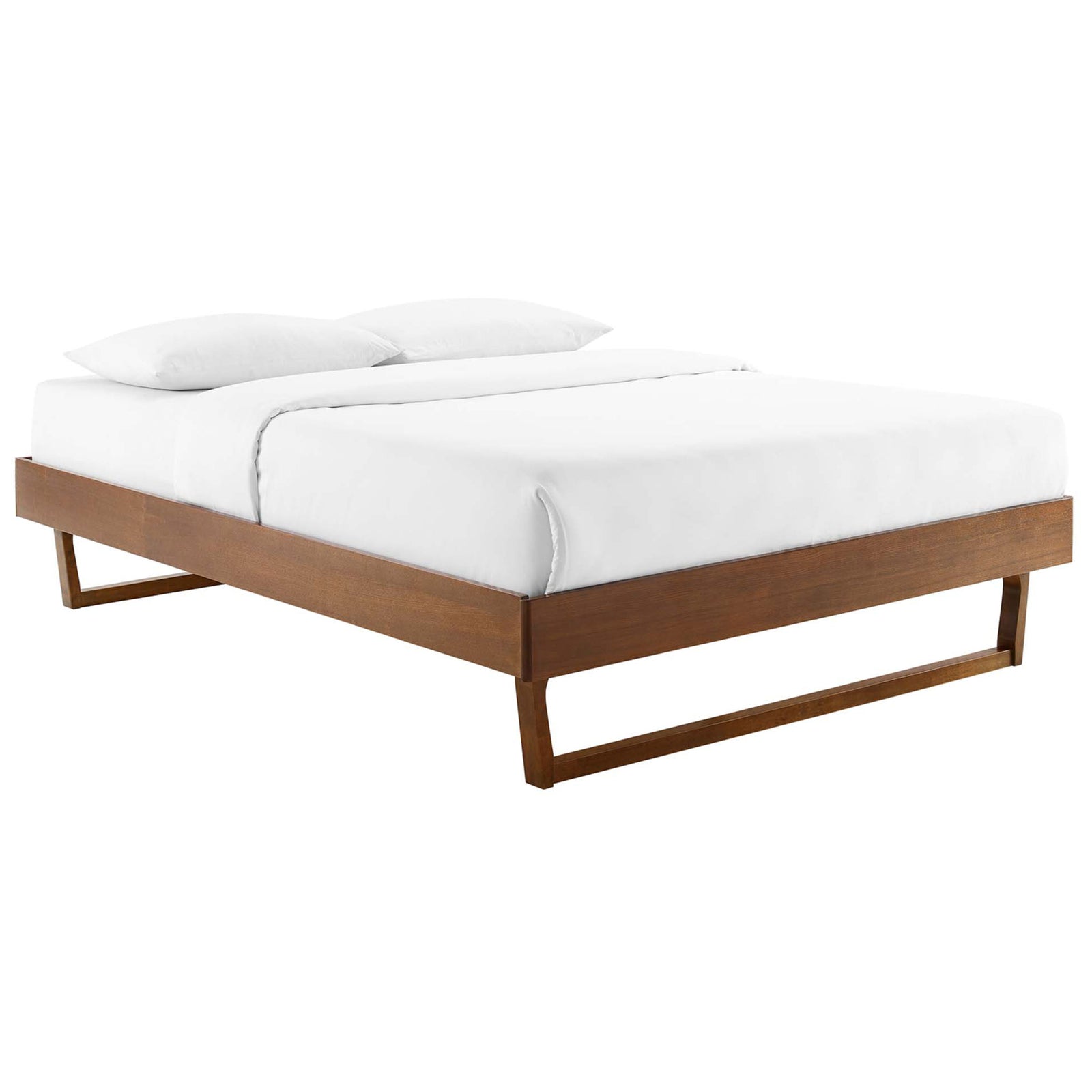 Walnut wood platform bed with clean lines and angular sled legs for a sleek mid-century look || MOD-6214-WAL || front_angle_studio