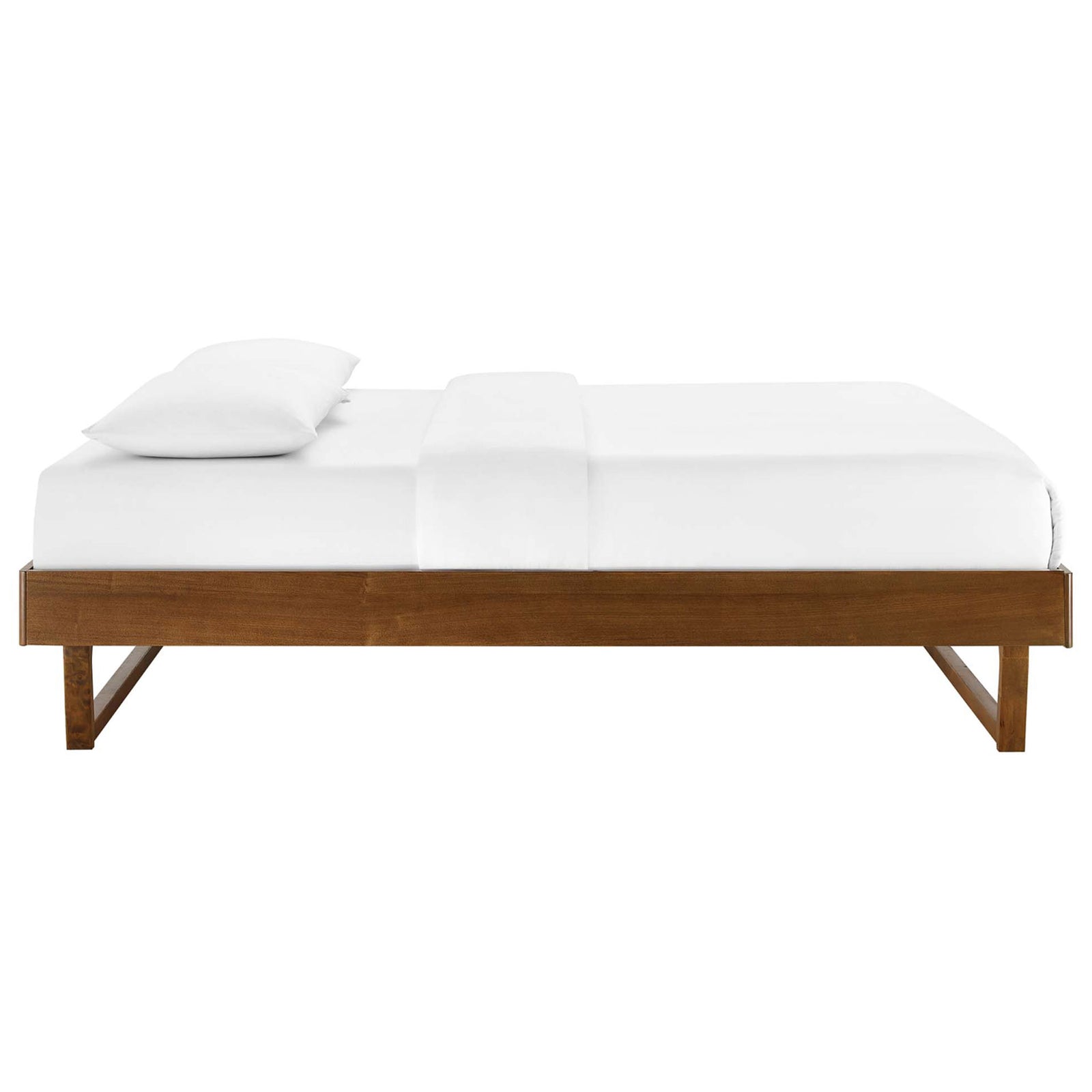 Low-profile platform silhouette in warm walnut wood with streamlined rails and modern sled base || MOD-6214-WAL || side_studio