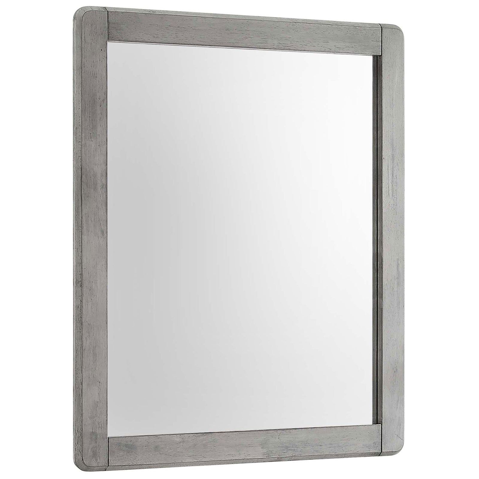 Gray wood-framed wall mirror with rounded corners and rustic farmhouse appeal || MOD-6243-GRY || front_angle_studio
