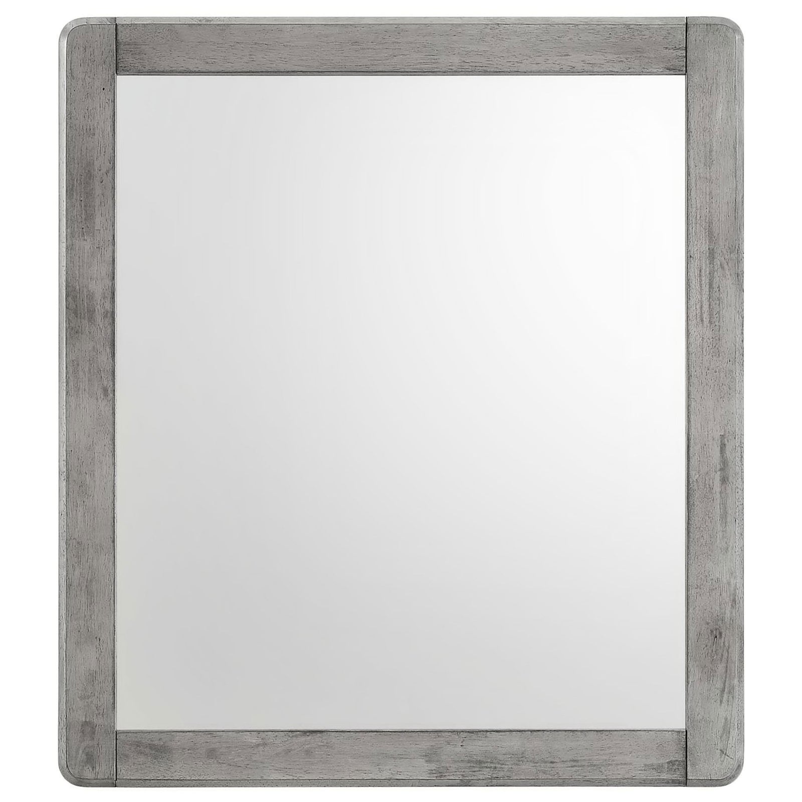 Rectangular gray wood mirror with smooth rounded corners and minimalist frame || MOD-6243-GRY || front_studio