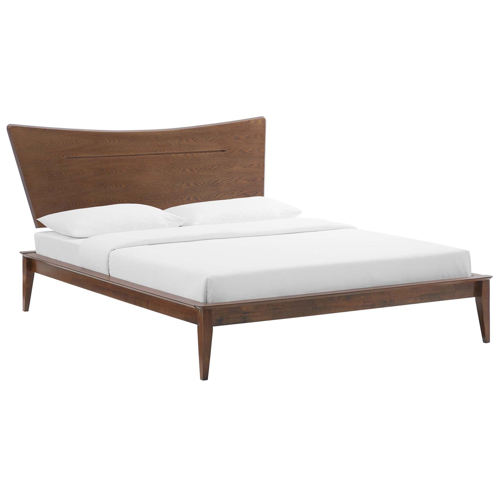 Mid-century platform bed with a curved walnut headboard and tapered legs for an elegant, airy look || MOD-6250-WAL || front_angle_studio