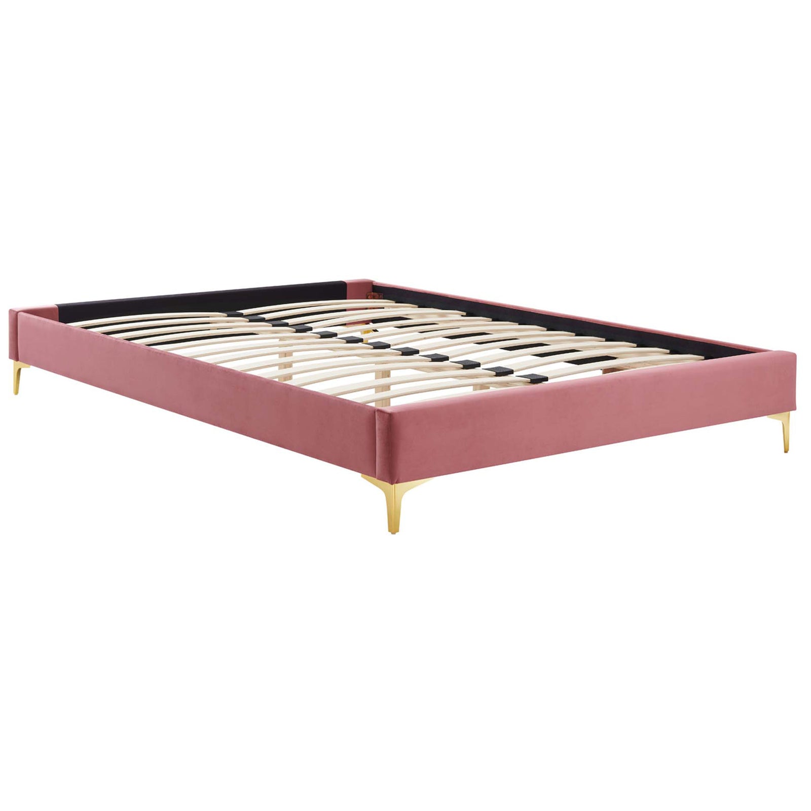 Slatted platform frame in dusty rose velvet features sturdy wood support and gleaming gold legs. || MOD-6275-DUS || front_angle_studio