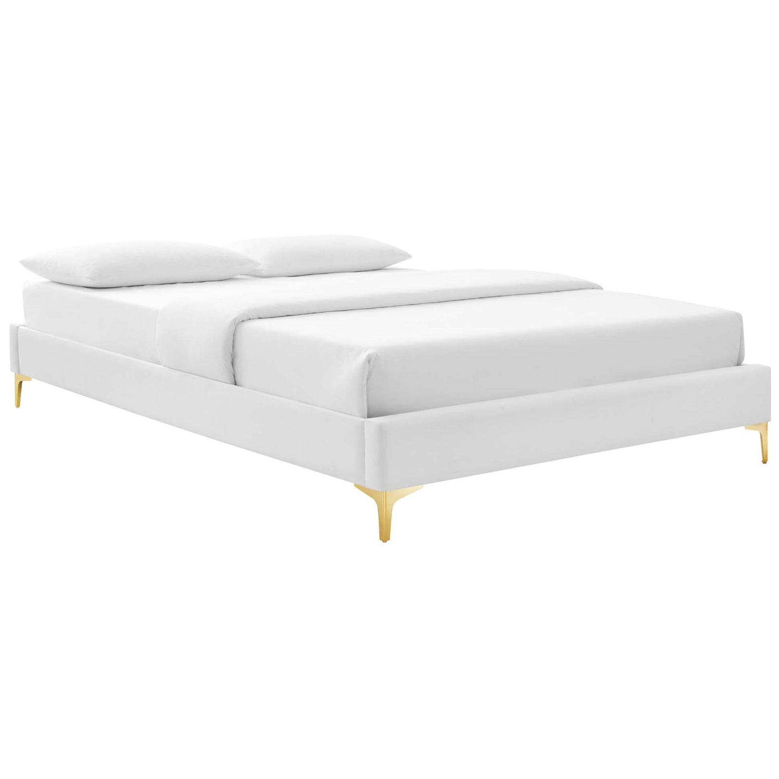 Low-profile white velvet bed frame with clean lines and gold metal legs || MOD-6275-WHI || front_angle_studio