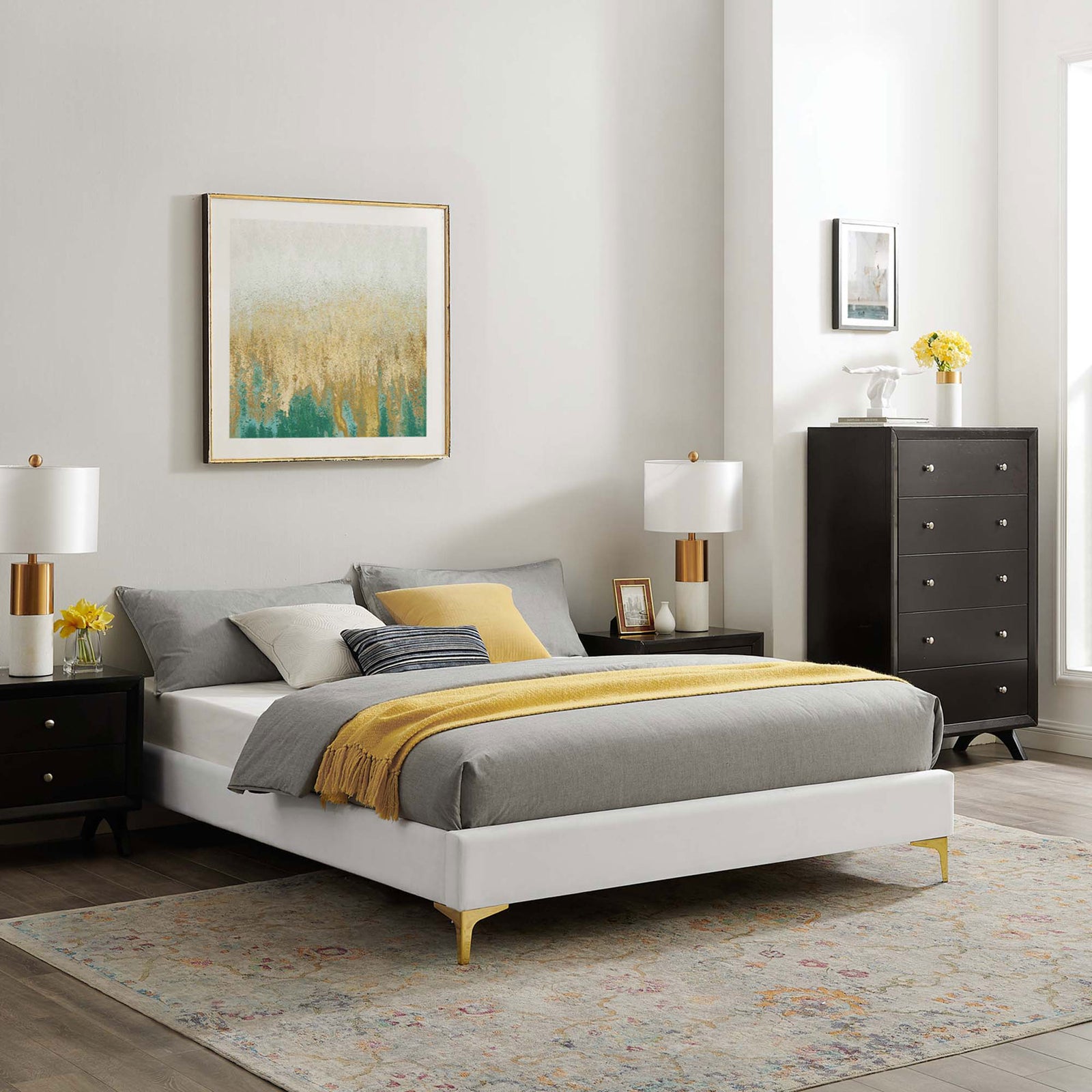 Modern white bed elevates a cozy bedroom with gold accents and tailored lines || MOD-6275-WHI || front_angle_room