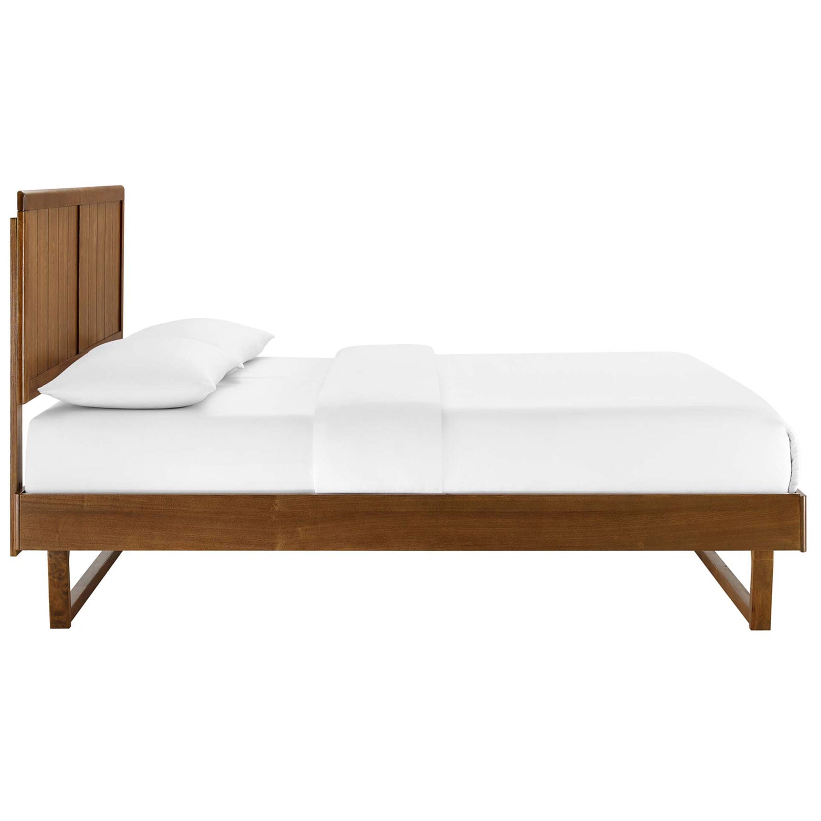 Streamlined side rails and sturdy angular legs complete this modern walnut bed design || MOD-6378-WAL || side_studio