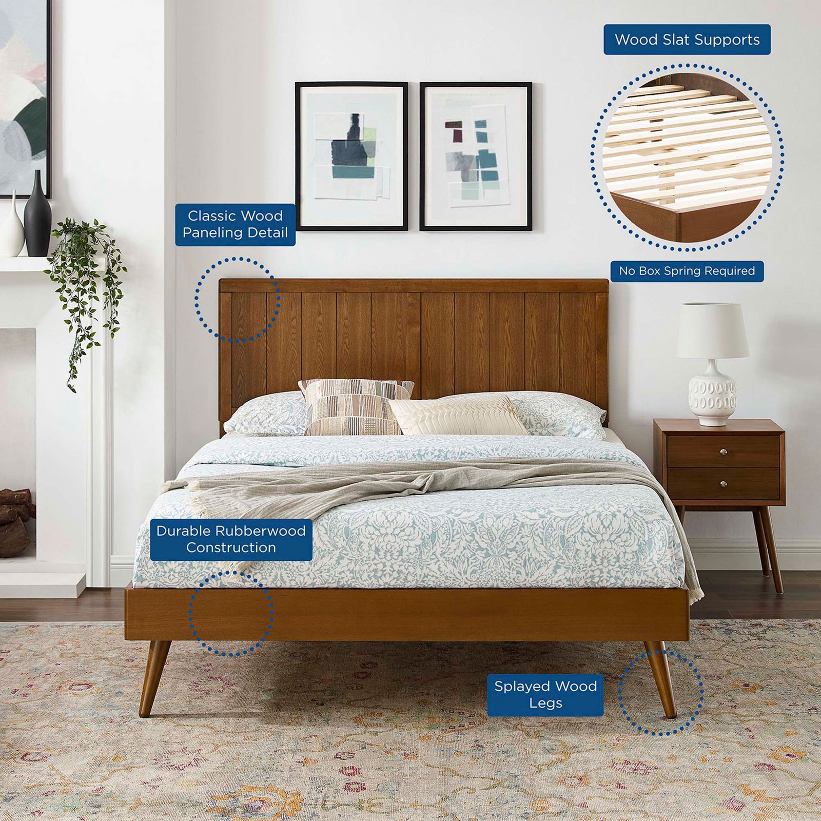 No box spring required with wood slat support, splayed legs, and classic paneling. || MOD-6379-WAL || callout_room
