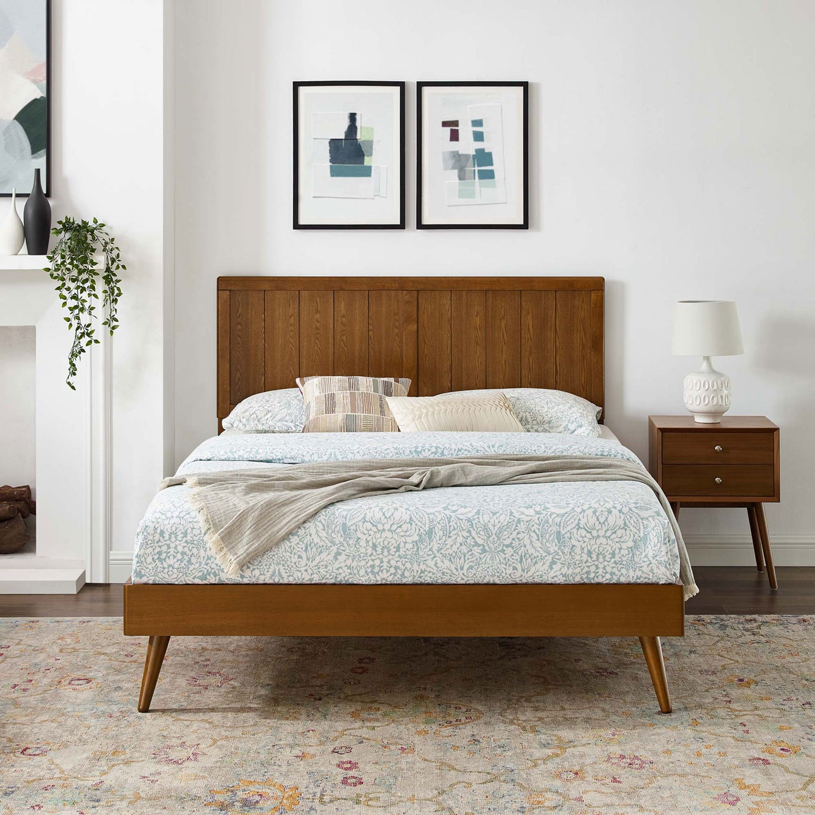 Inviting walnut platform bed anchors the room with mid-century style and everyday comfort. || MOD-6379-WAL || front_room