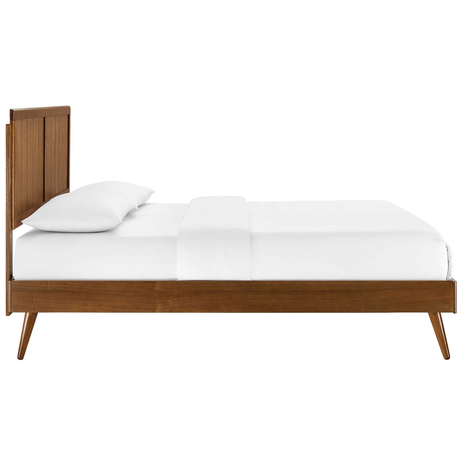 Low-profile silhouette with flared legs and solid wood rails in a warm walnut finish. || MOD-6379-WAL || side_studio