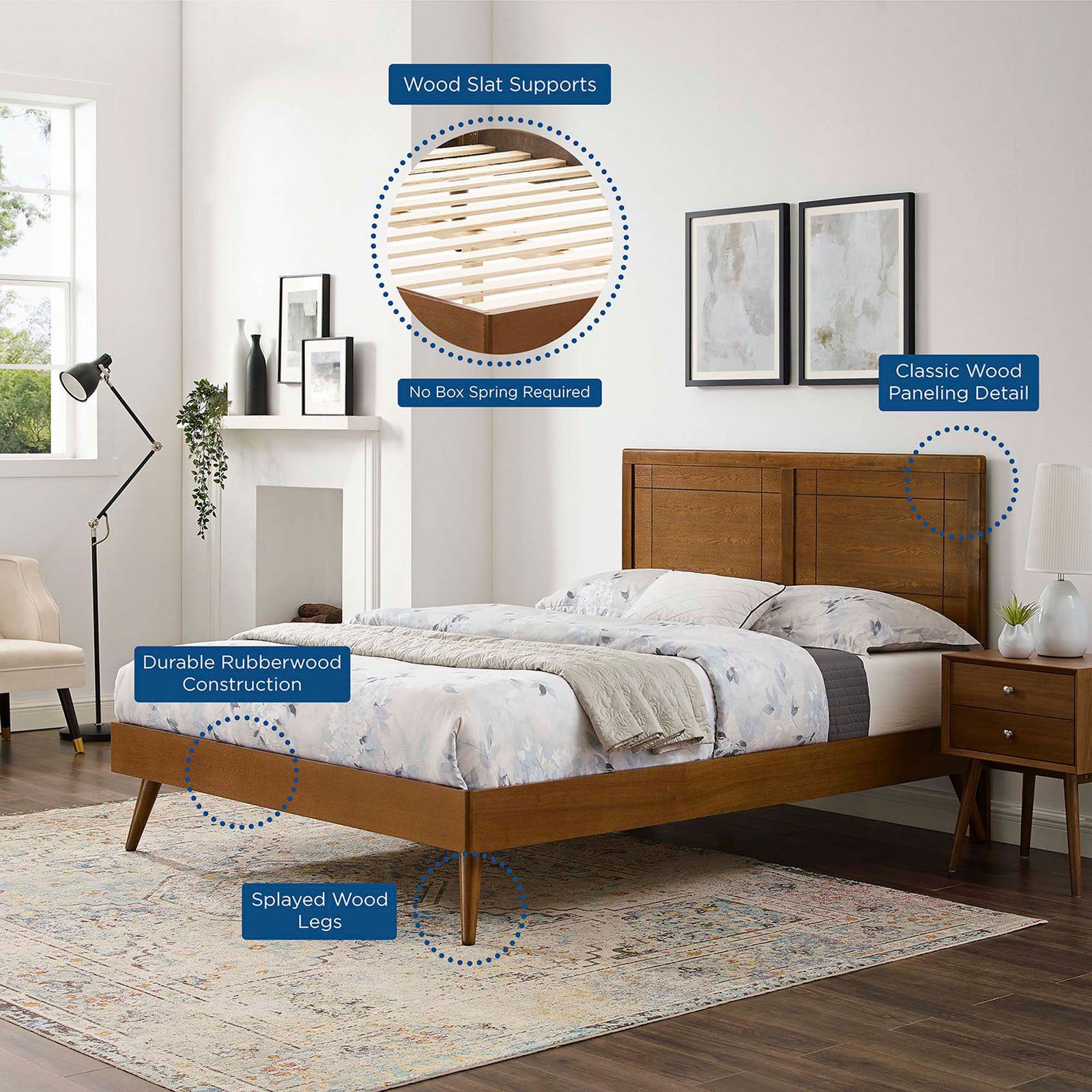 Feature highlights include slat support, durable rubberwood, and splayed legs || MOD-6382-WAL || callout_room