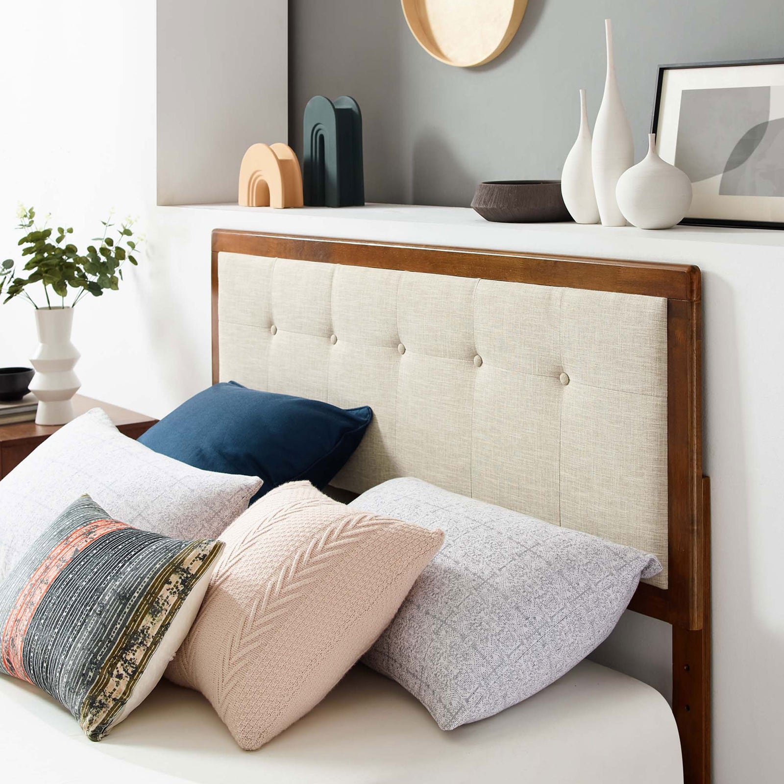 Warm mid-century look with textured beige upholstery and walnut wood accents || MOD-6384-WAL-BEI || detail_room