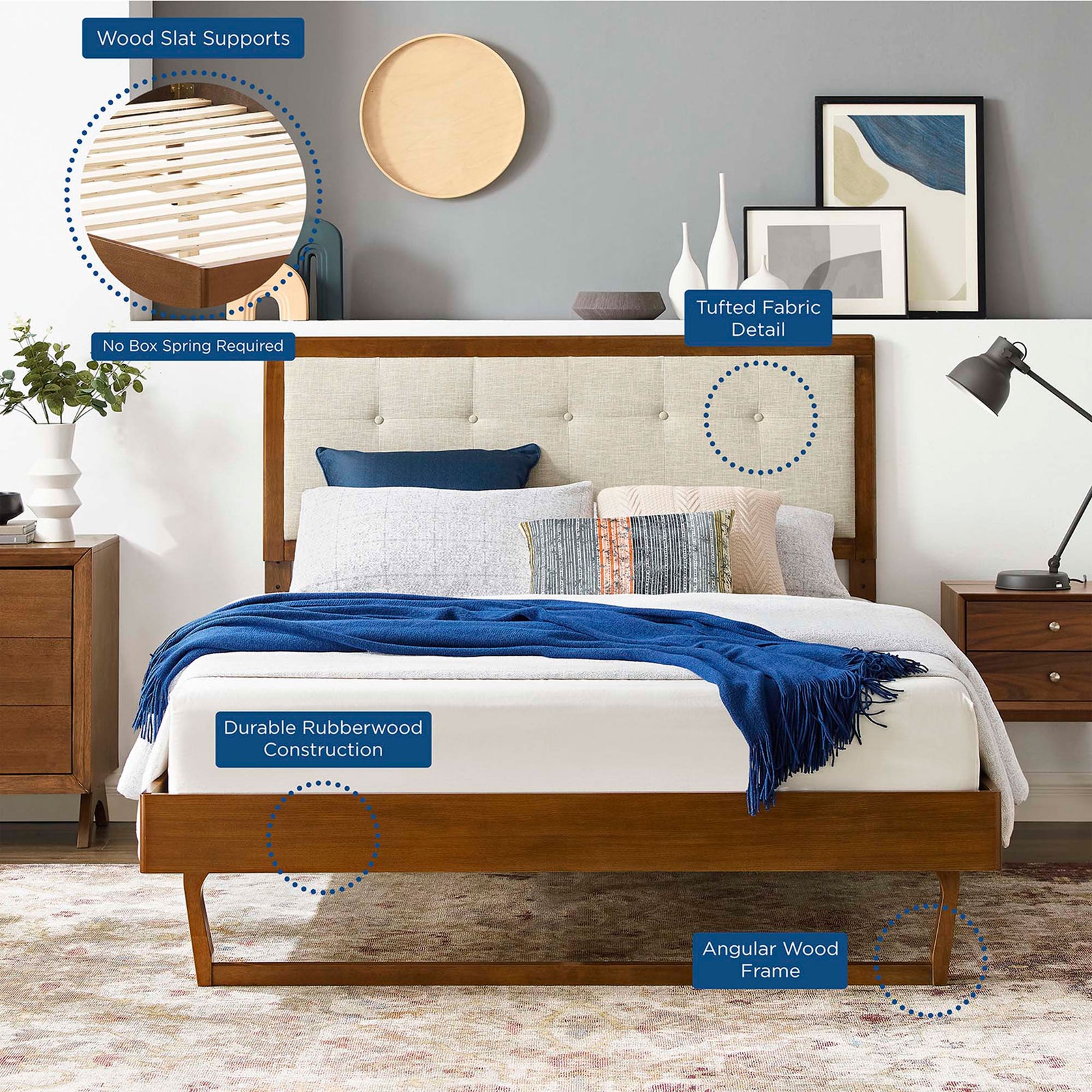 Key features include wood slats, angular frame, tufted fabric, and durable rubberwood construction || MOD-6384-WAL-BEI || callout_room