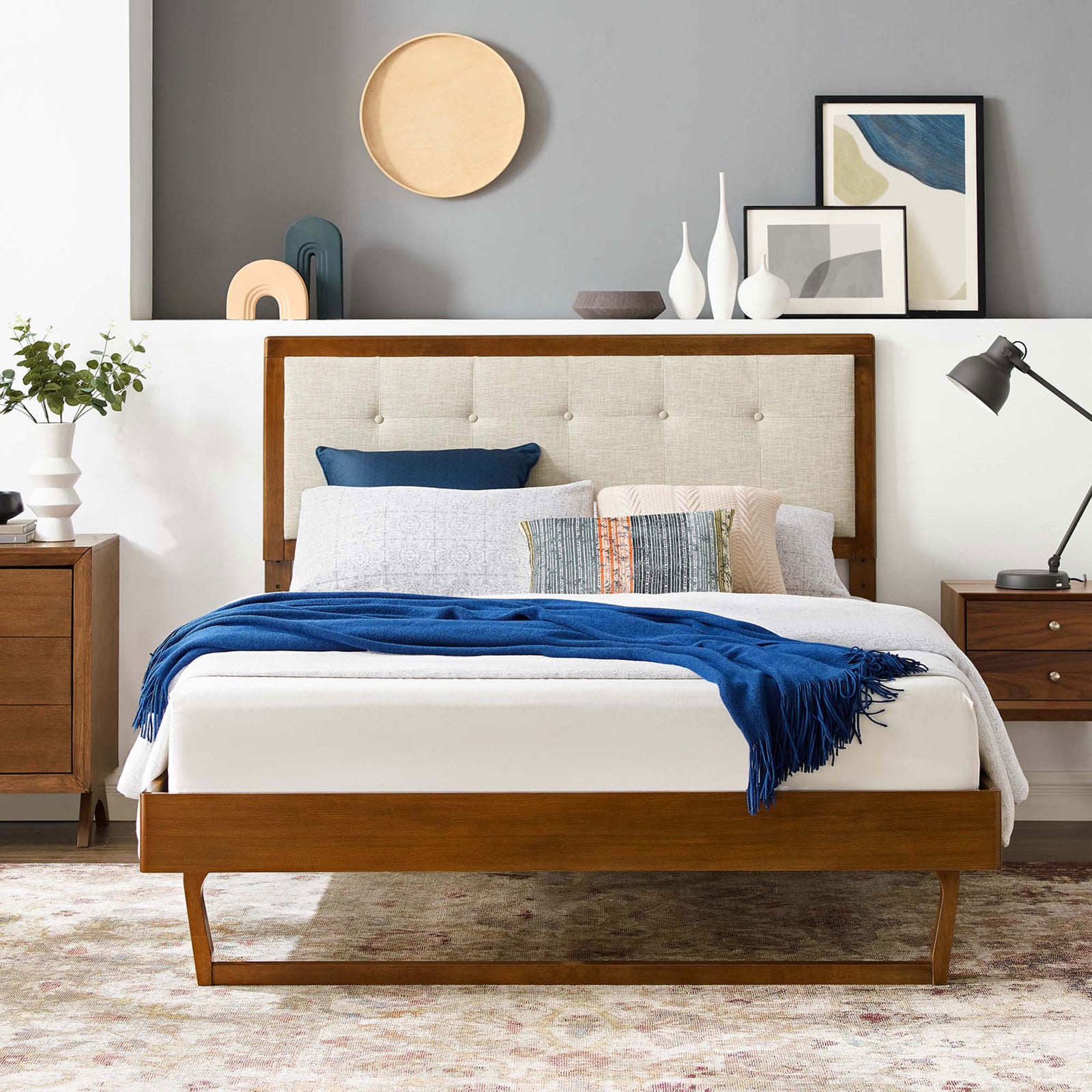 Modern platform bed anchors the room with a walnut finish and soft beige tufted headboard || MOD-6384-WAL-BEI || front_room