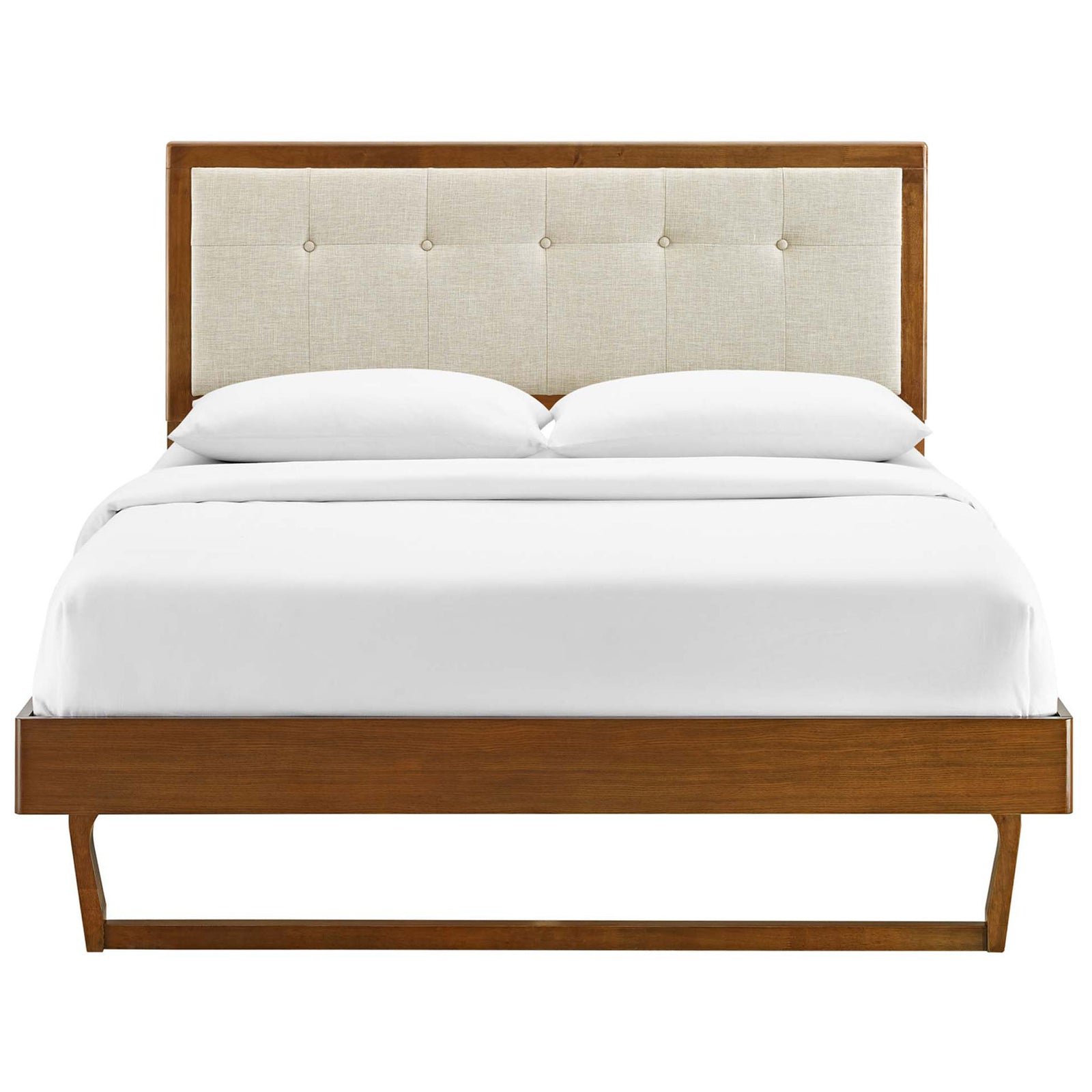 Button-tufted headboard framed in warm walnut over a clean, modern platform base || MOD-6384-WAL-BEI || front_studio
