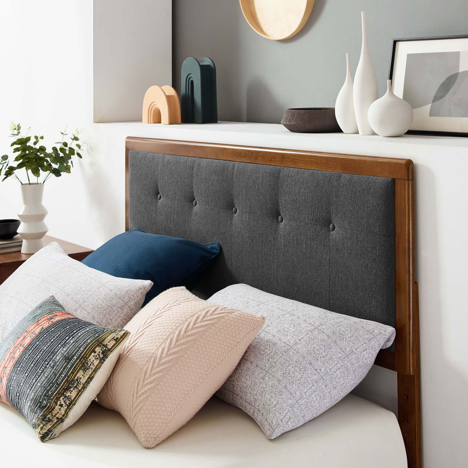 Textured charcoal headboard adds plush comfort to the walnut frame || MOD-6384-WAL-CHA || detail_room