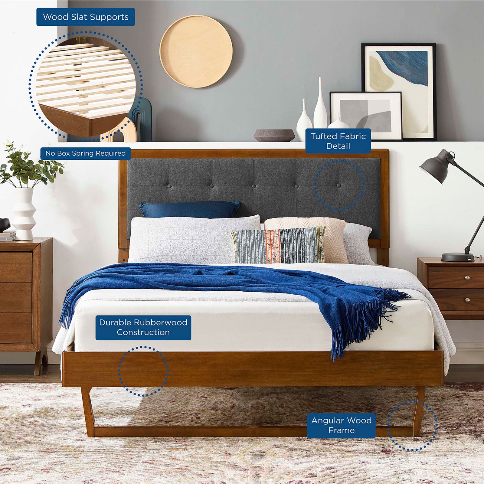 Key features include wood slats, durable rubberwood, tufted headboard, and angular base || MOD-6384-WAL-CHA || callout_room