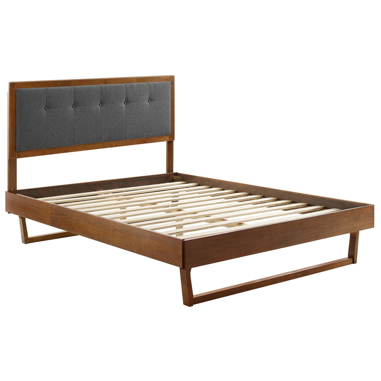 Platform base with wood slat support eliminates the need for a box spring || MOD-6384-WAL-CHA || front_angle_studio