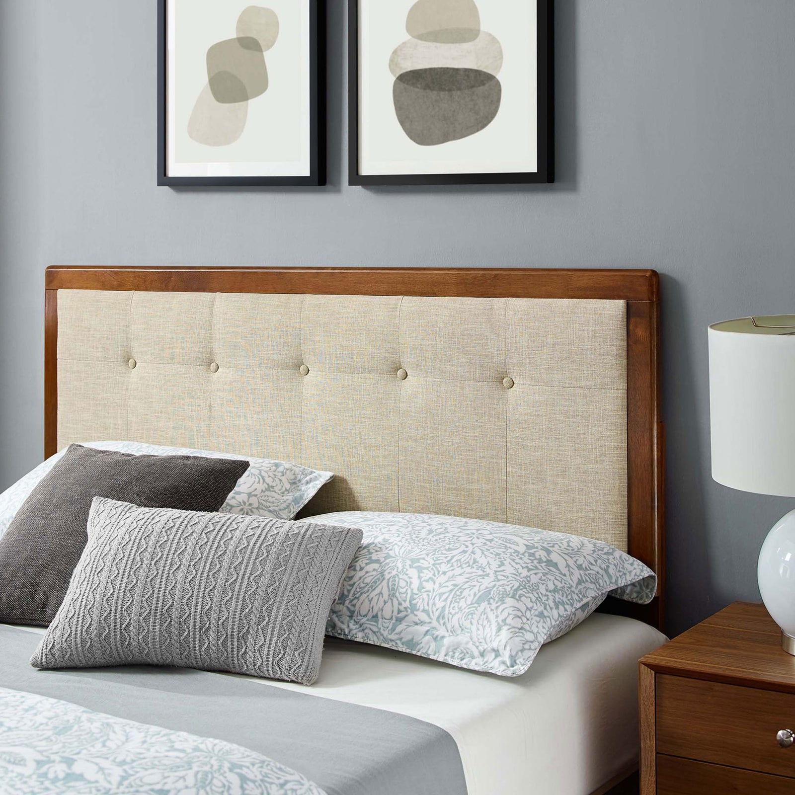 Warm walnut frame and soft beige upholstery bring inviting texture to your bedroom decor || MOD-6385-WAL-BEI || detail_room