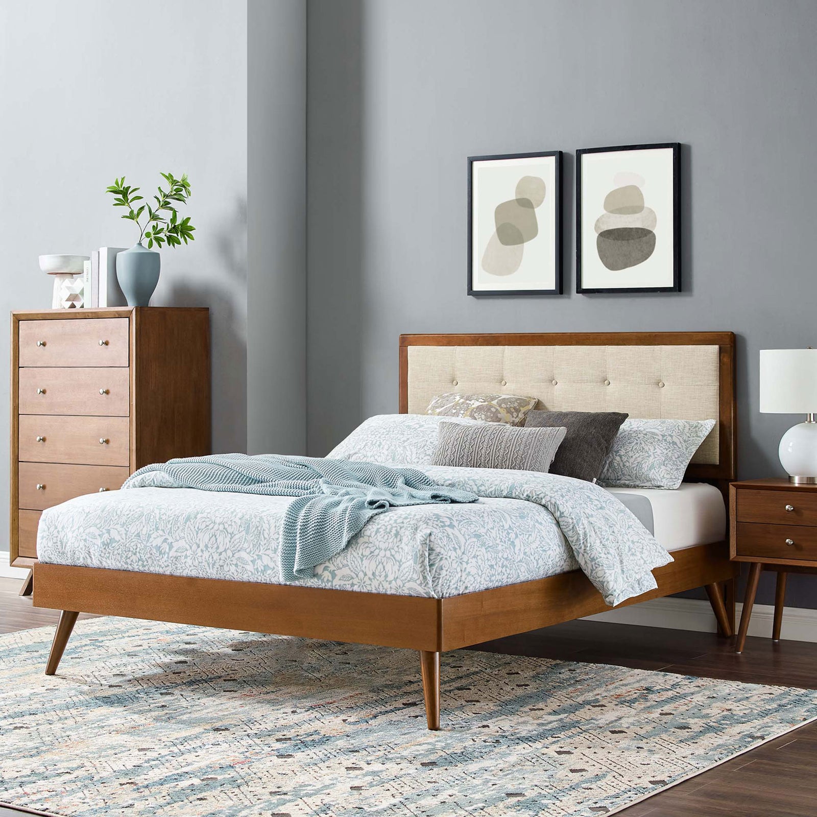 Modern platform bed in walnut and beige elevates the room with clean lines and mid-century charm || MOD-6385-WAL-BEI || front_angle_room