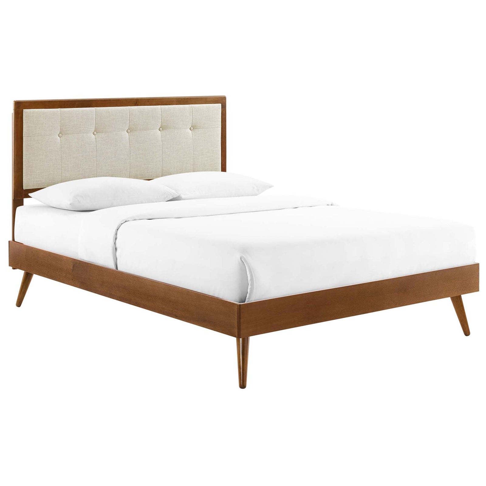 Walnut platform bed with tufted beige headboard and splayed tapered legs for a clean mid-century look || MOD-6385-WAL-BEI || front_angle_studio