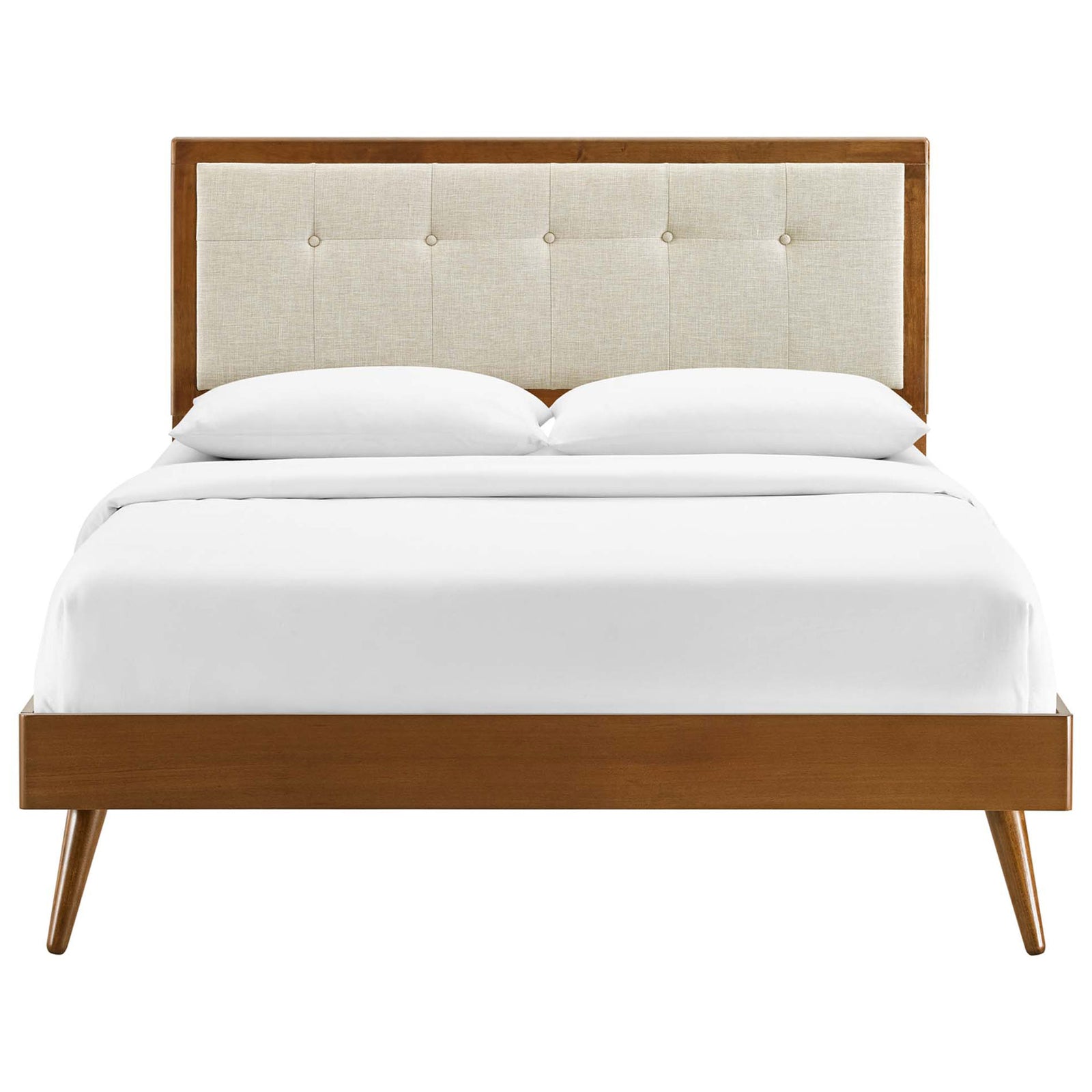 Crisp walnut frame and button-tufted beige headboard anchor a modern platform bed design || MOD-6385-WAL-BEI || front_studio