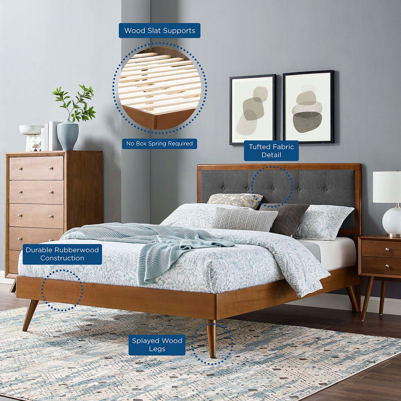 No box spring needed with wood slat support and splayed legs || MOD-6385-WAL-CHA || callout_room