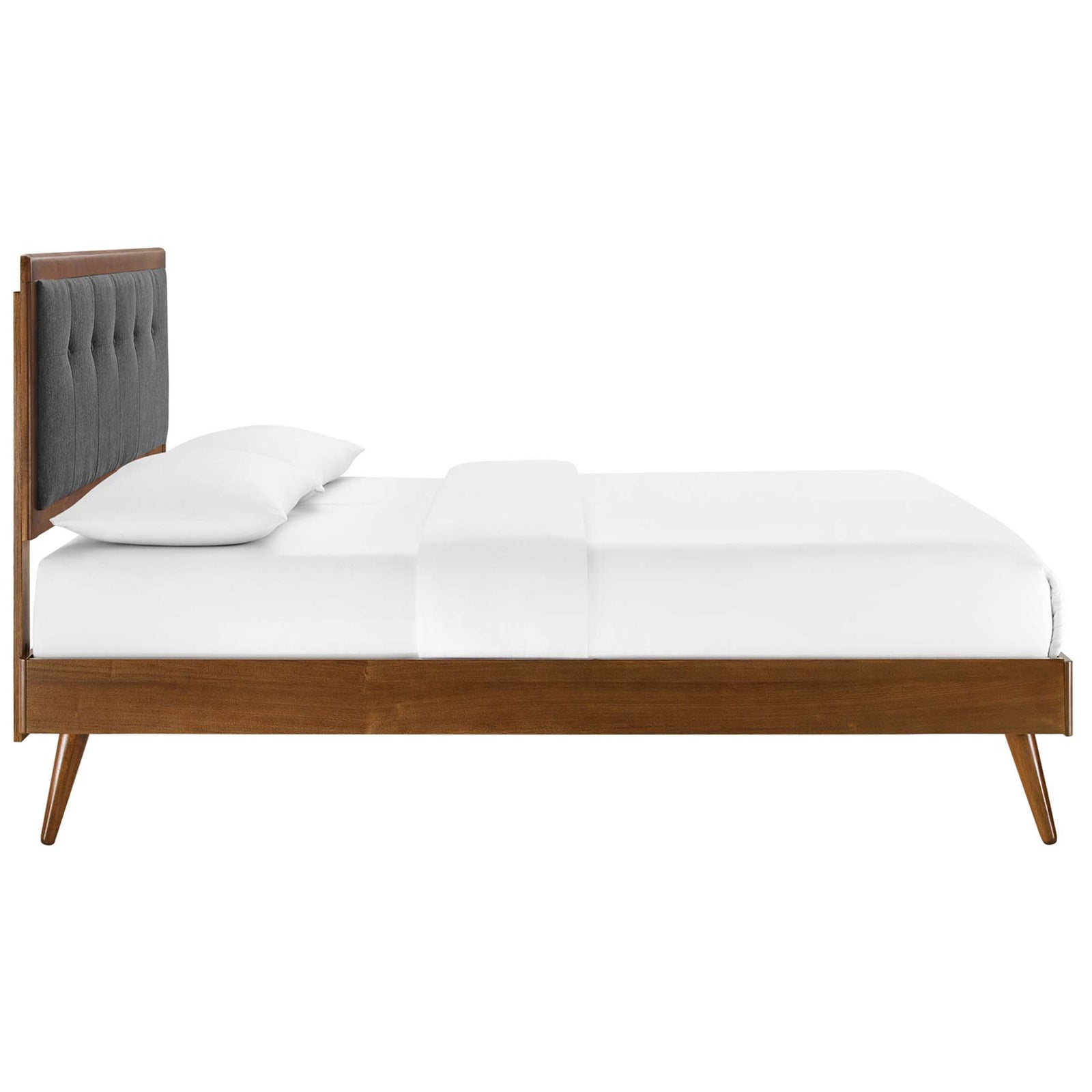 Low-profile walnut bed with upholstered charcoal headboard and mid-century splayed legs || MOD-6385-WAL-CHA || side_studio