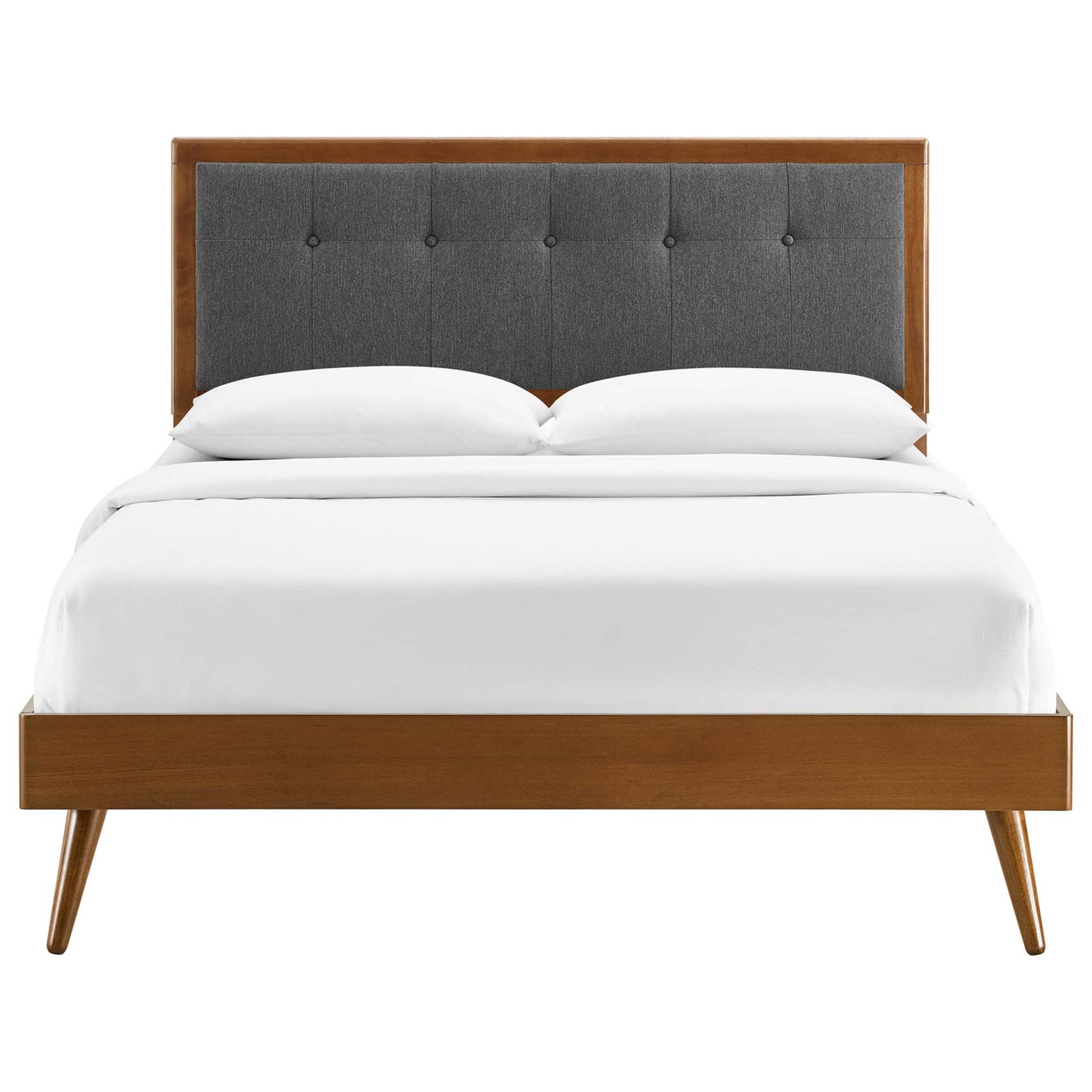 Walnut platform bed with charcoal tufted headboard and splayed wood legs || MOD-6385-WAL-CHA || front_studio