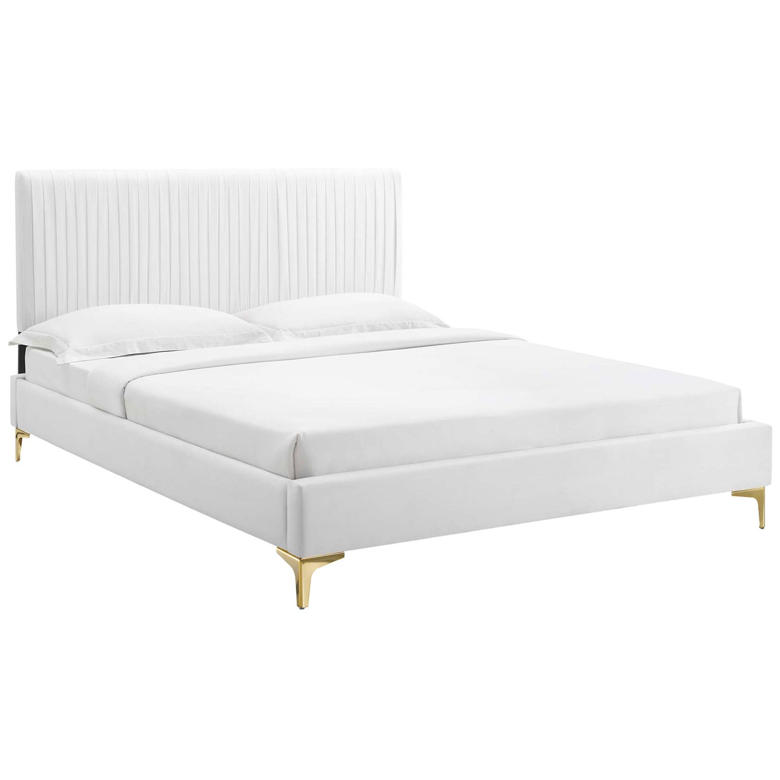 Crisp white velvet platform bed with channel-tufted headboard and gleaming gold legs. || MOD-6595-WHI || front_angle_studio