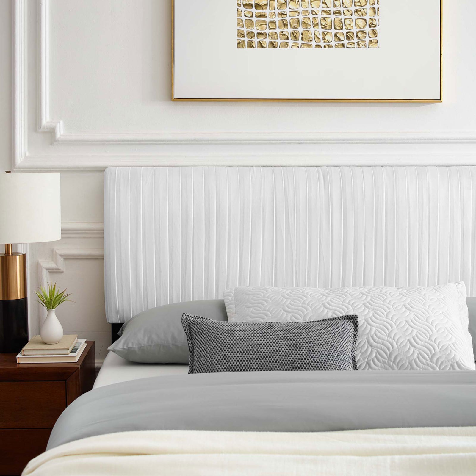 Plush channel-tufted headboard adds soft texture and refined dimension. || MOD-6596-WHI || detail_room