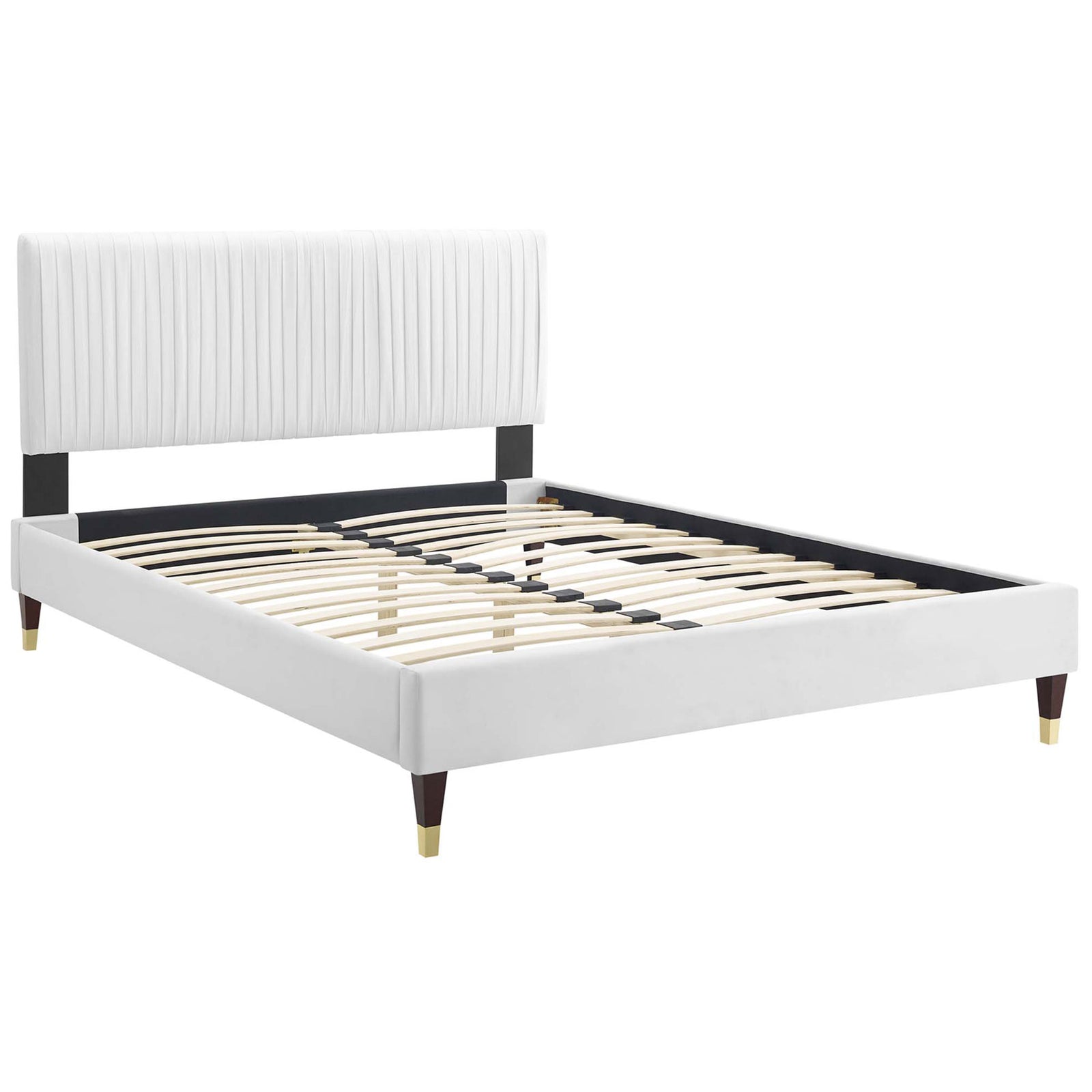 Sturdy wood slat base with center support on a velvet-upholstered bed frame. || MOD-6596-WHI || front_angle_studio