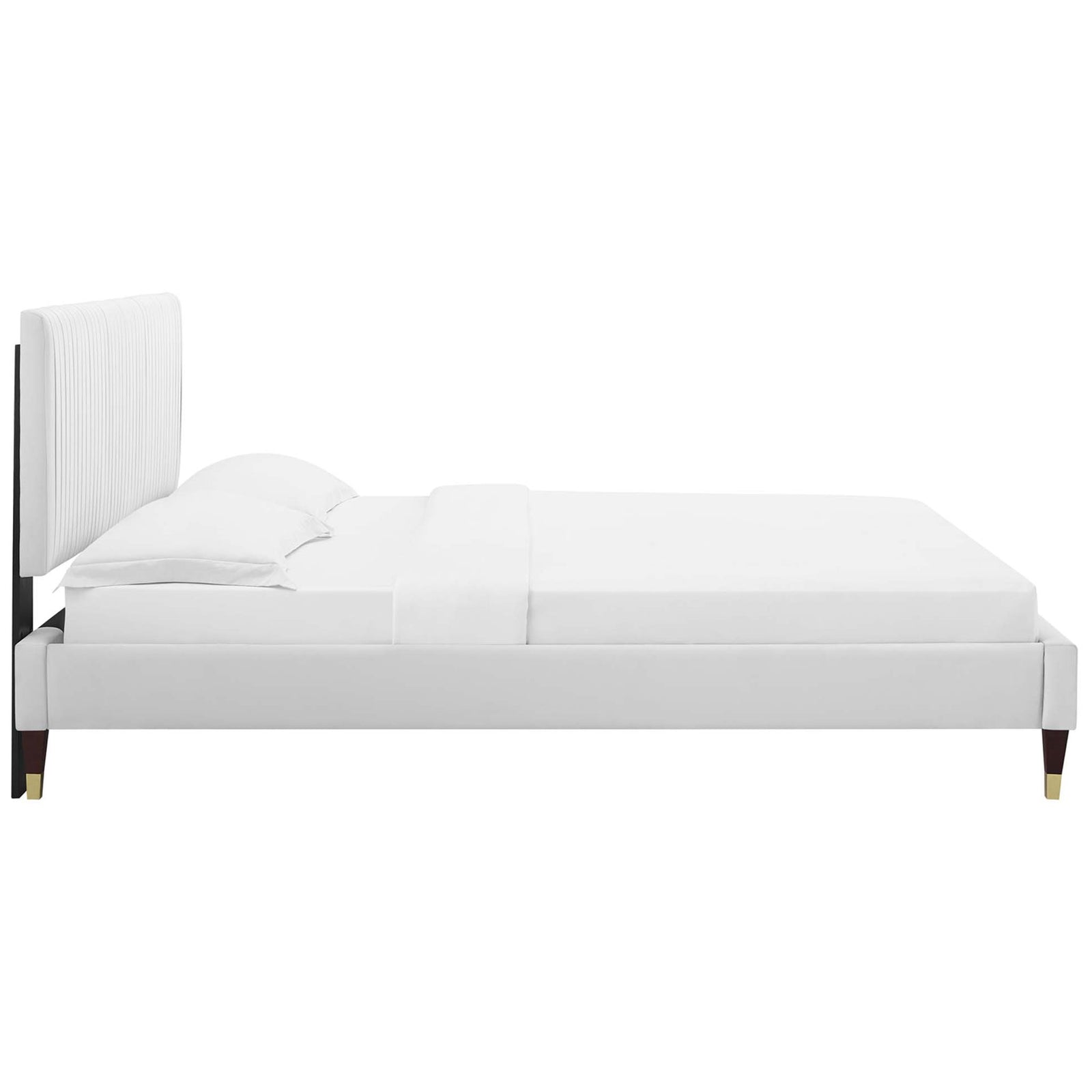 Low-profile silhouette with slim rails and gold-accented tapered legs. || MOD-6596-WHI || side_studio