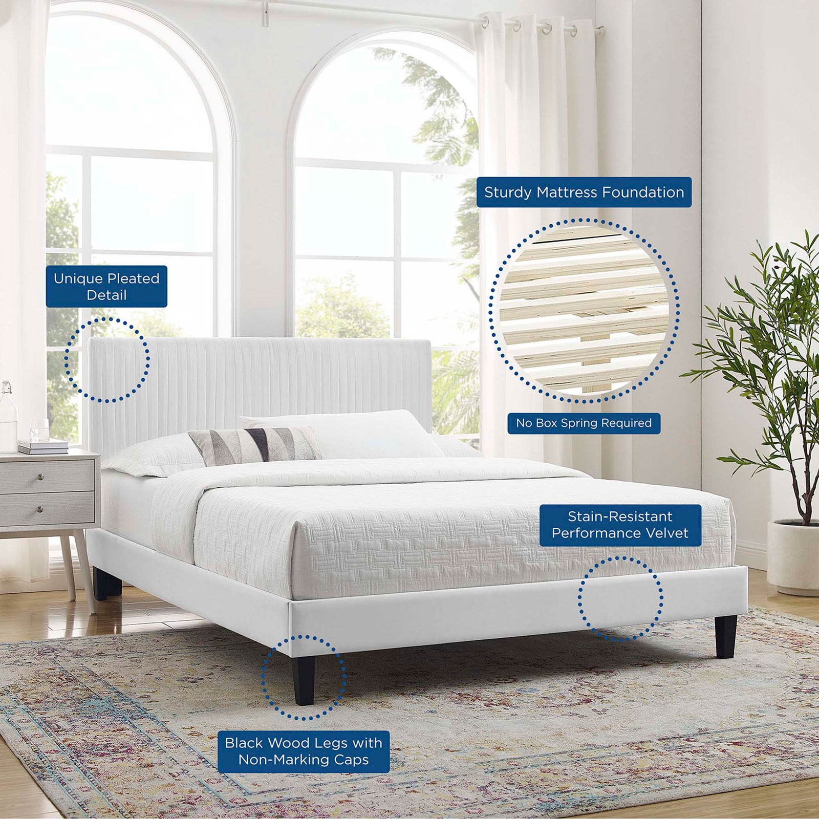 Pleated headboard detail, sturdy slat foundation, and black legs with non-marking caps || MOD-6597-WHI || callout_room