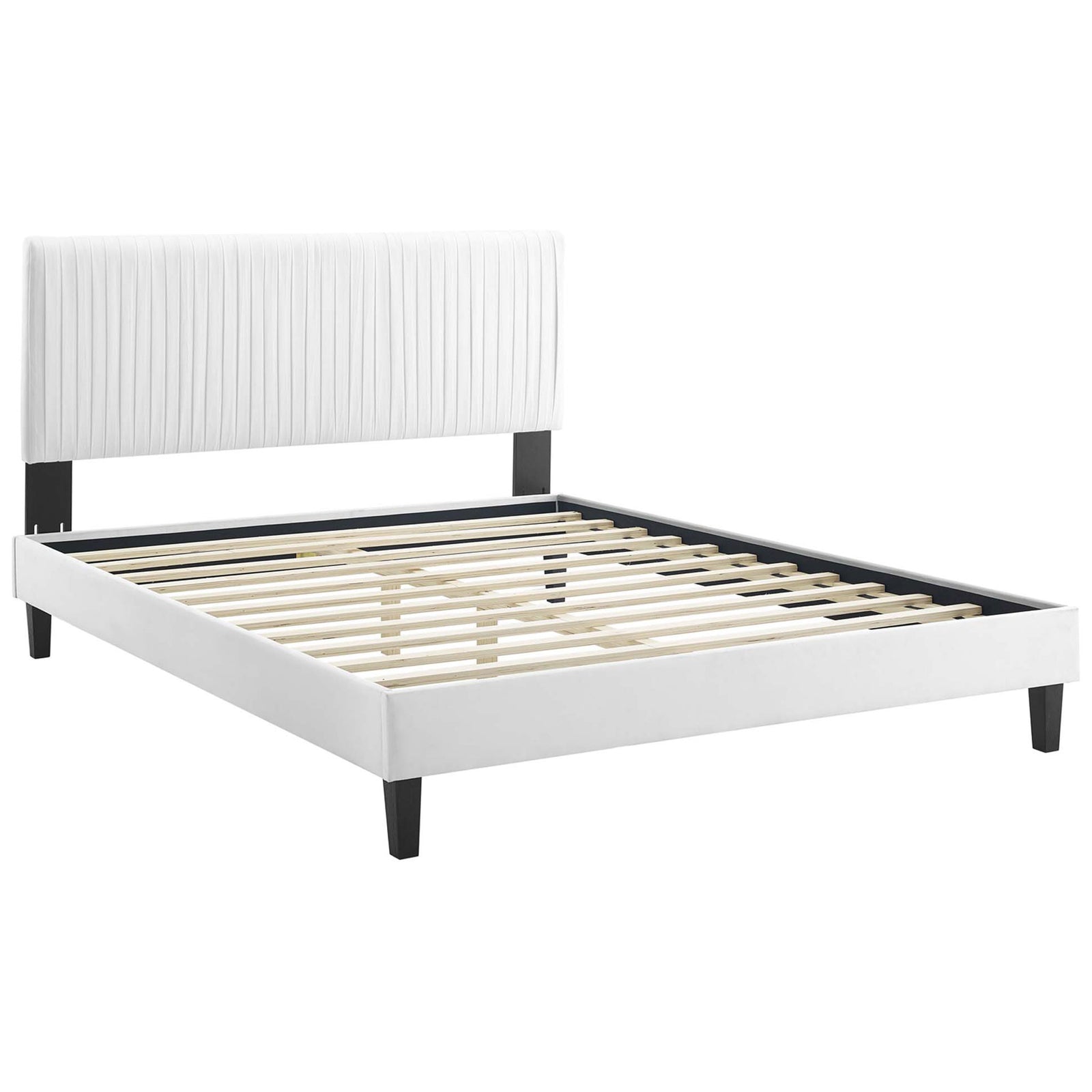 White platform bed frame with wood slat support and a sleek channel-tufted headboard || MOD-6597-WHI || front_angle_studio
