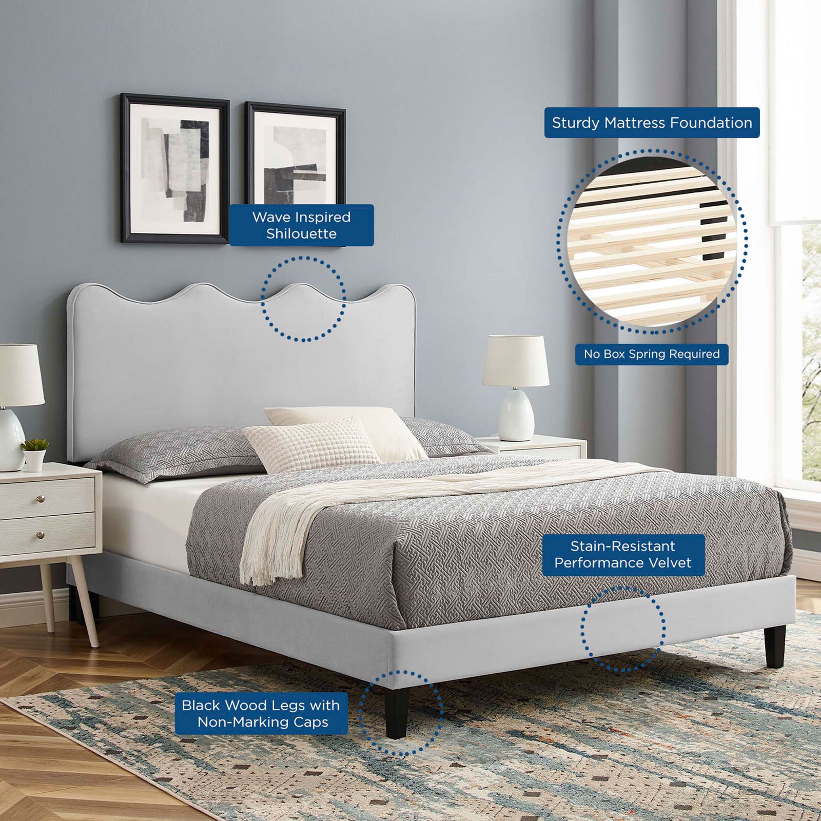 Wave-inspired silhouette, sturdy slat foundation, and non-marking legs highlighted || MOD-6735-LGR || callout_room
