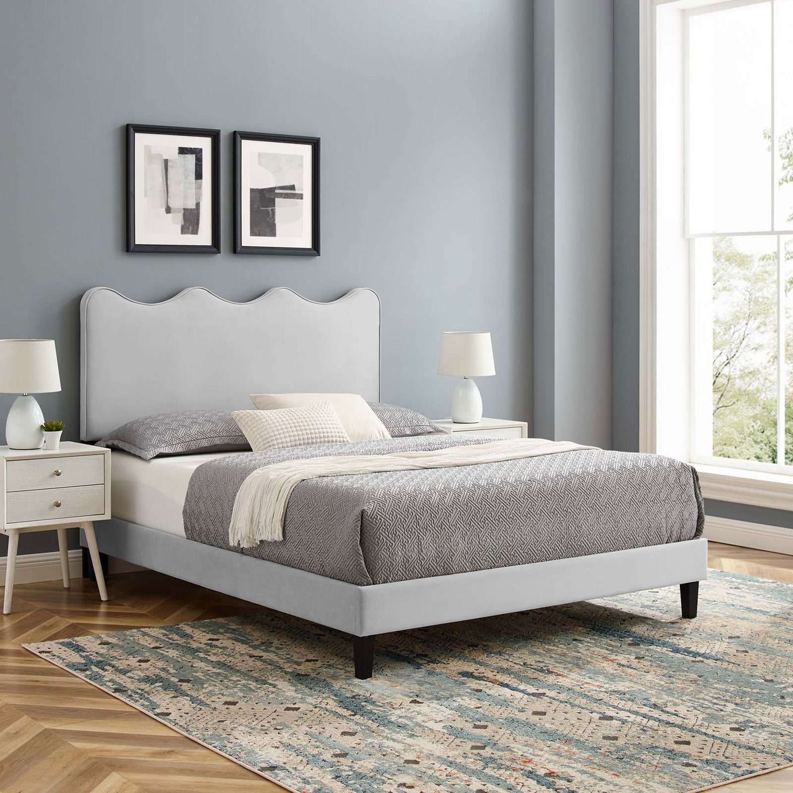 Modern velvet platform bed anchors the room with its sculpted headboard and clean lines || MOD-6735-LGR || front_angle_room