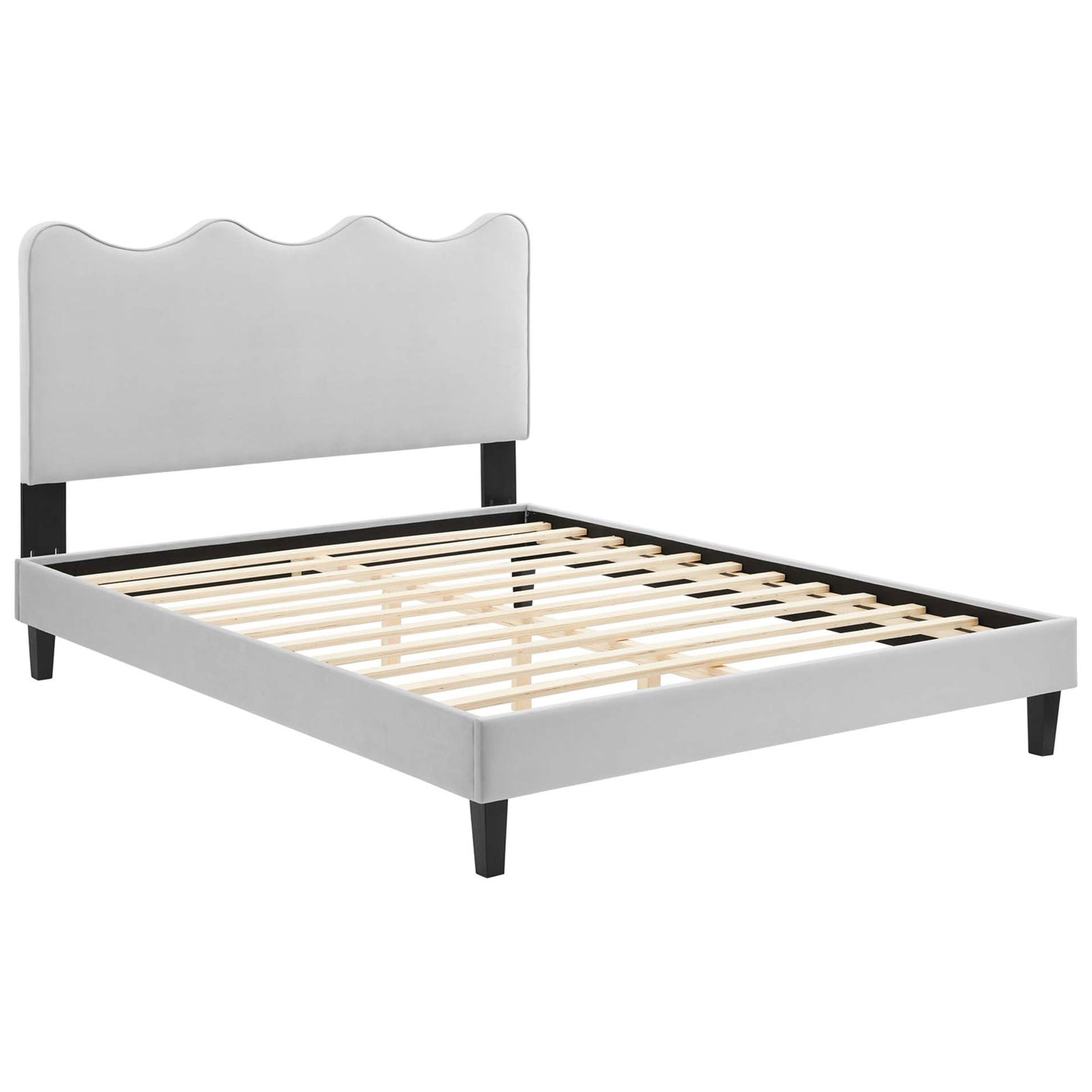 Sturdy wood slat support system with reinforced center beam beneath the velvet-upholstered frame || MOD-6735-LGR || front_angle_studio