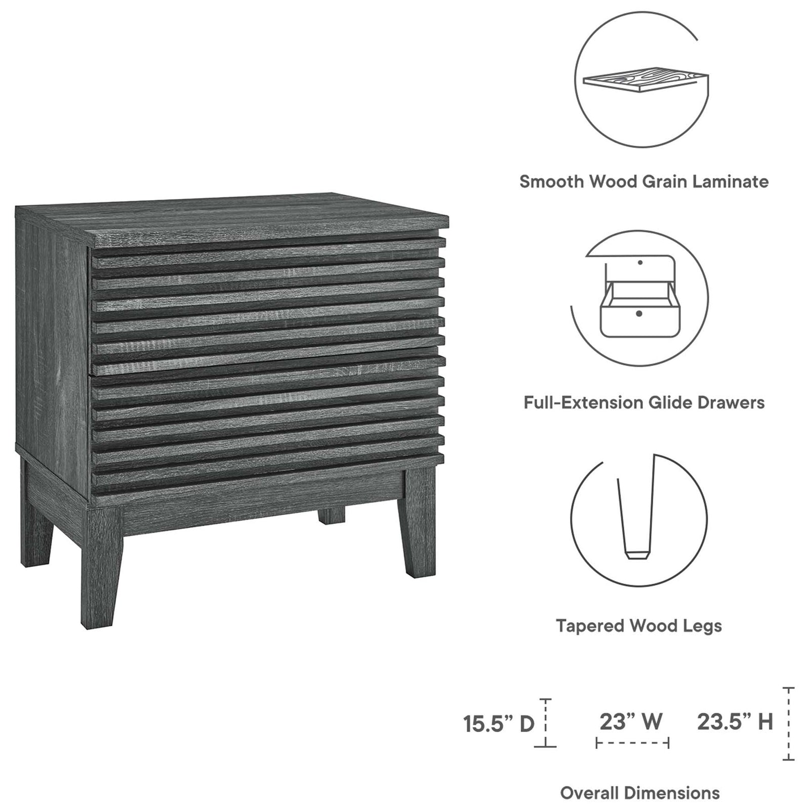Feature and dimension graphic for charcoal two-drawer nightstand with slatted front || MOD-6964-CHA || dimension_studio