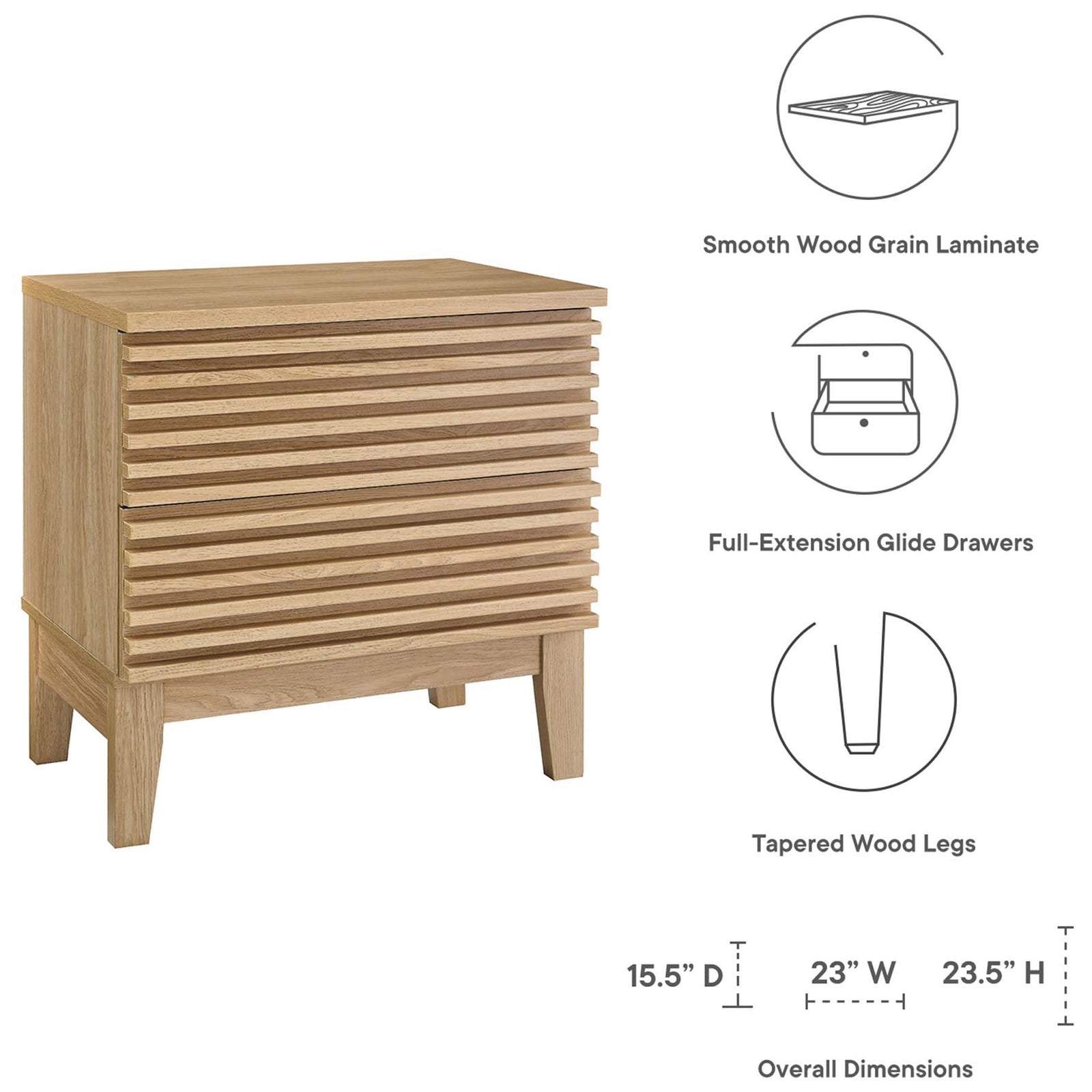 Feature graphic highlighting smooth laminate finish, full-extension drawers, tapered legs, and overall dimensions || MOD-6964-OAK || dimension_studio