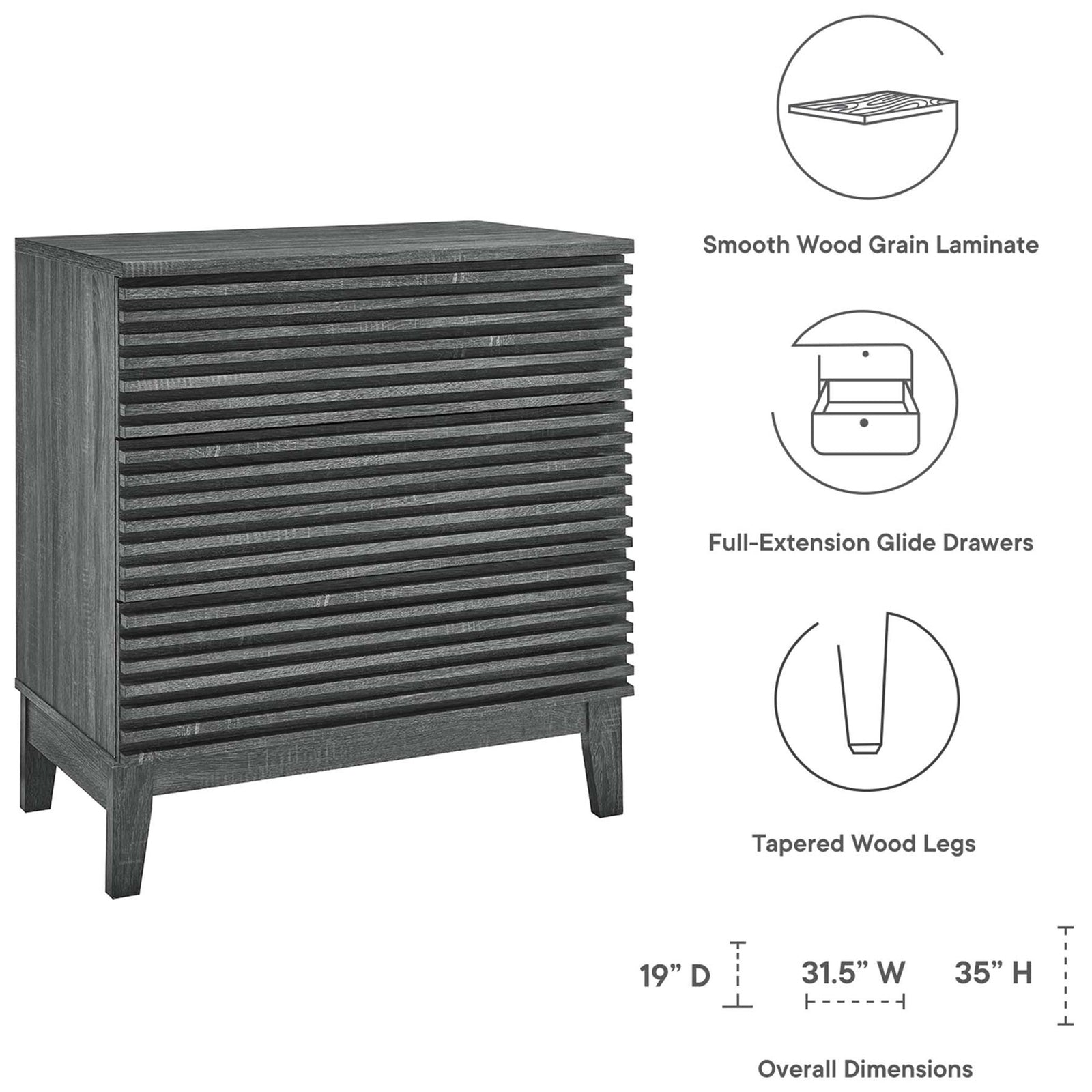 Dimension graphic highlighting smooth laminate top, full-extension drawers, and tapered legs || MOD-6965-CHA || dimension_studio