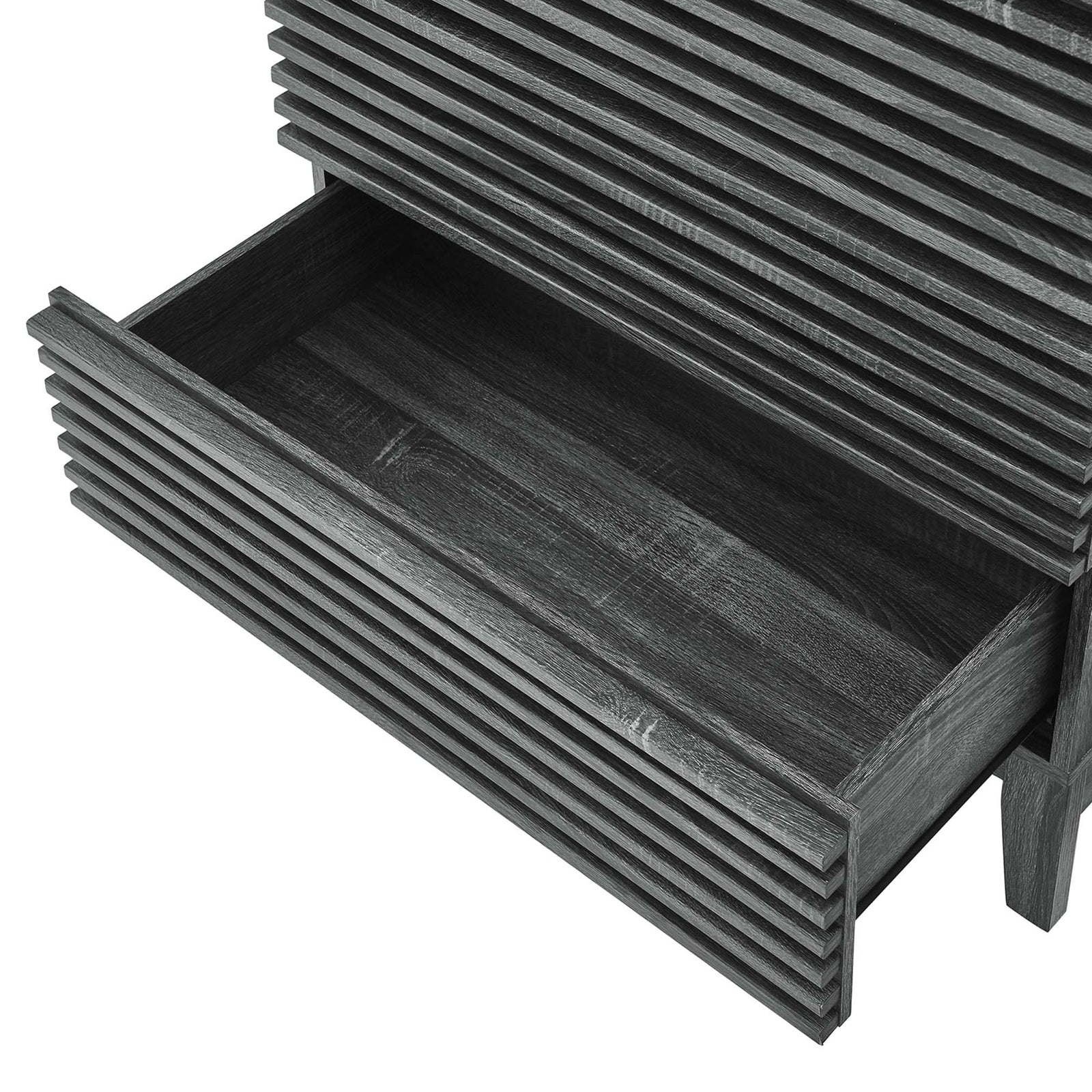 Spacious drawer with textured slatted front and smooth wood grain interior for neatly organized storage. || MOD-6967-CHA || storage_open_studio