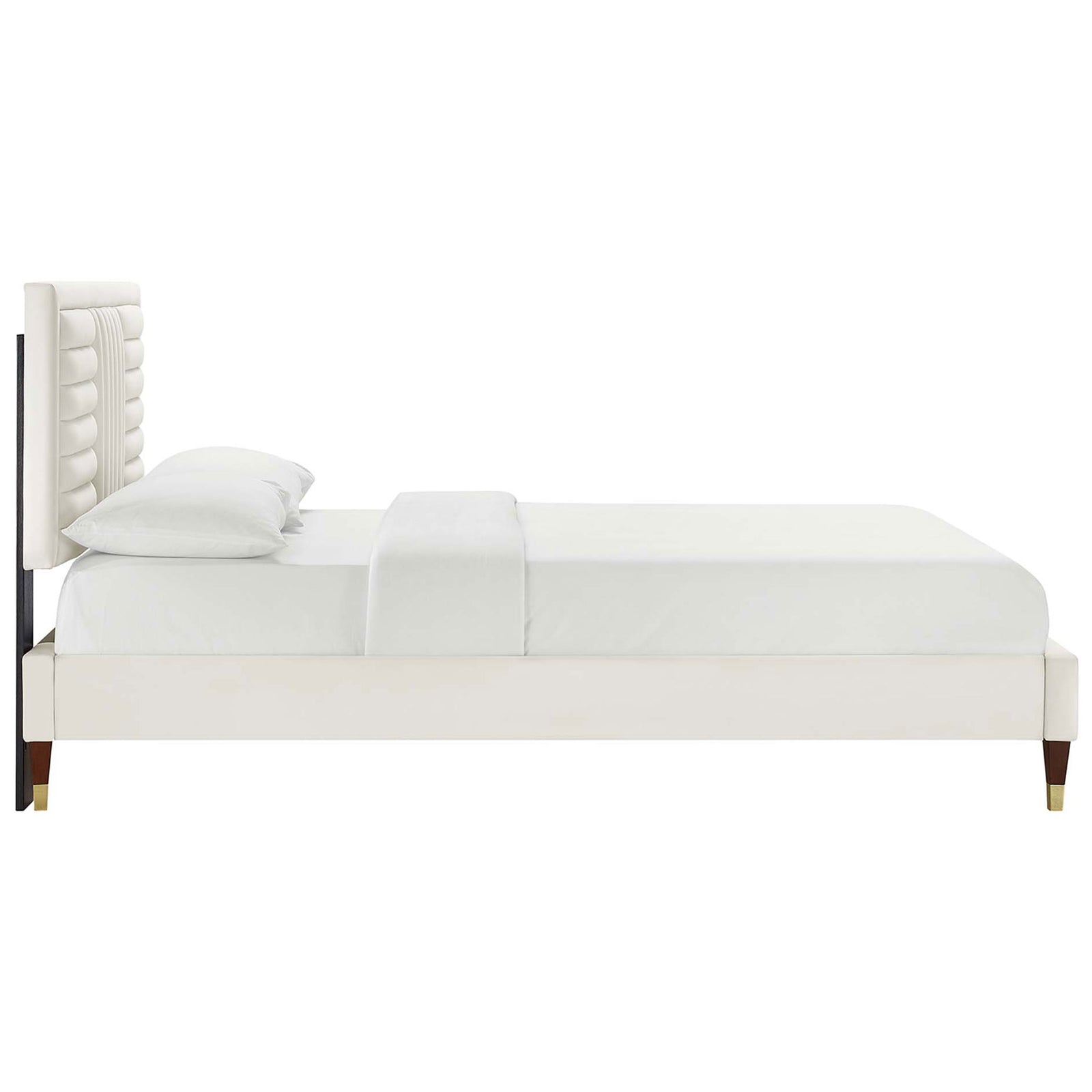Low-profile white velvet platform bed with slim rails and gold-capped mid-century wood legs || MOD-6971-WHI || side_studio