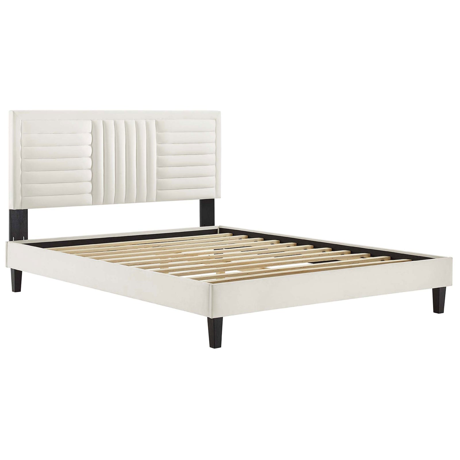 Sturdy wood slat platform with reinforced center support eliminates the need for a box spring || MOD-6975-WHI || front_angle_studio